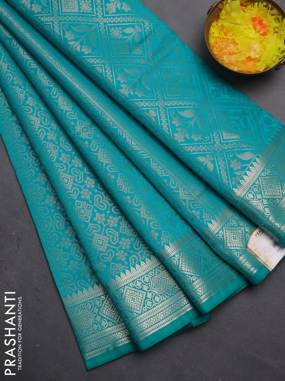 Semi soft silk saree teal blue with allover zari woven brocade weaves -Without blouse