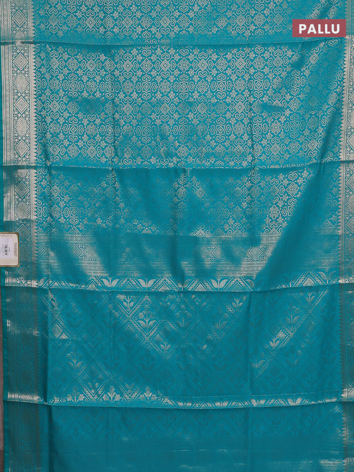 Semi soft silk saree teal blue with allover zari woven brocade weaves -Without blouse - Image 3