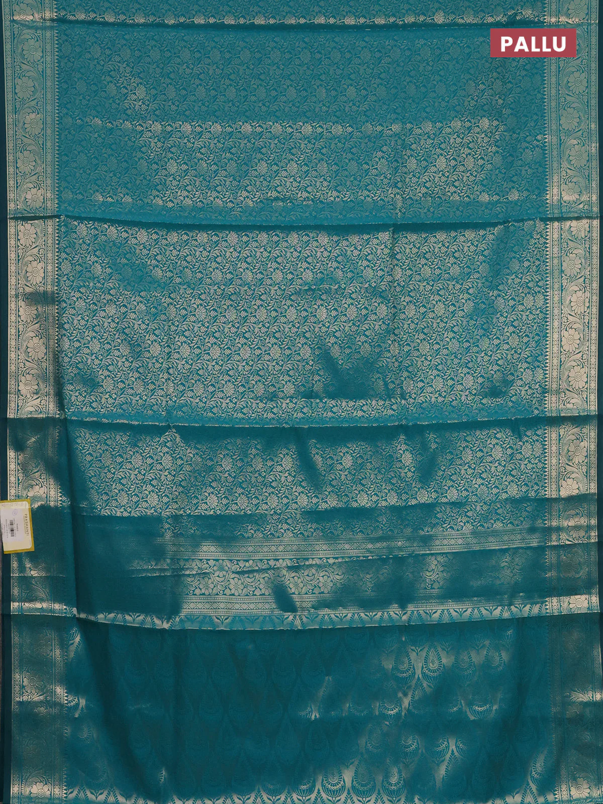 Semi soft silk saree teal blue with allover zari woven brocade weaves -Without blouse - Image 3