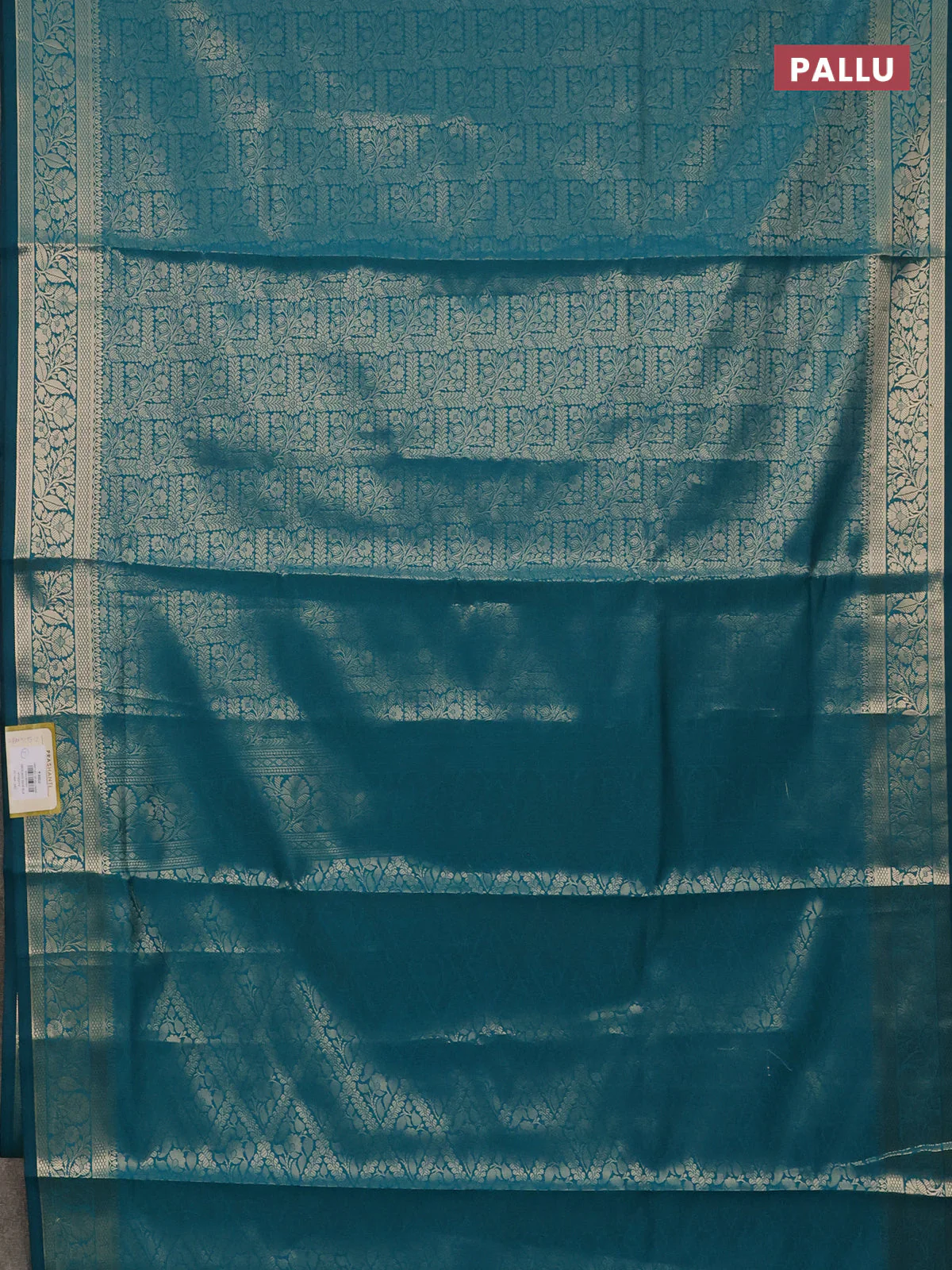 Semi soft silk saree teal blue with allover zari woven brocade weaves -Without blouse - Image 3