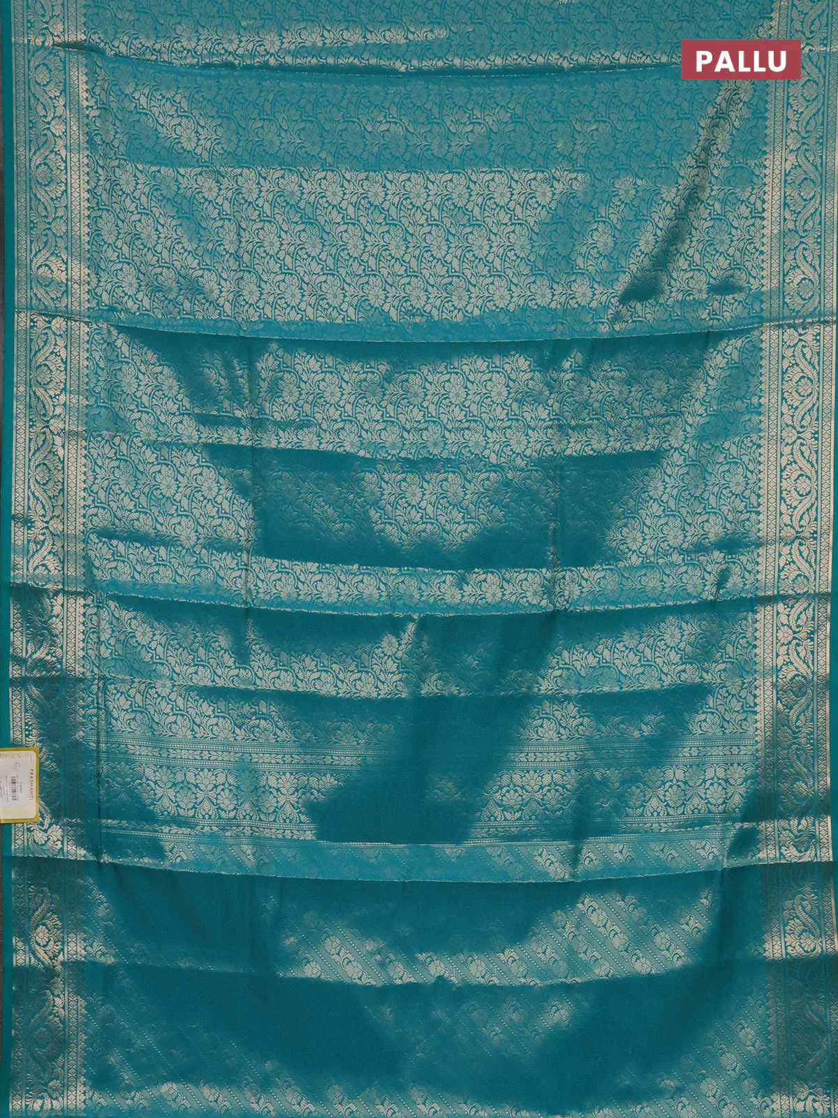 Semi soft silk saree teal blue with allover zari woven brocade weaves -Without blouse - Image 3