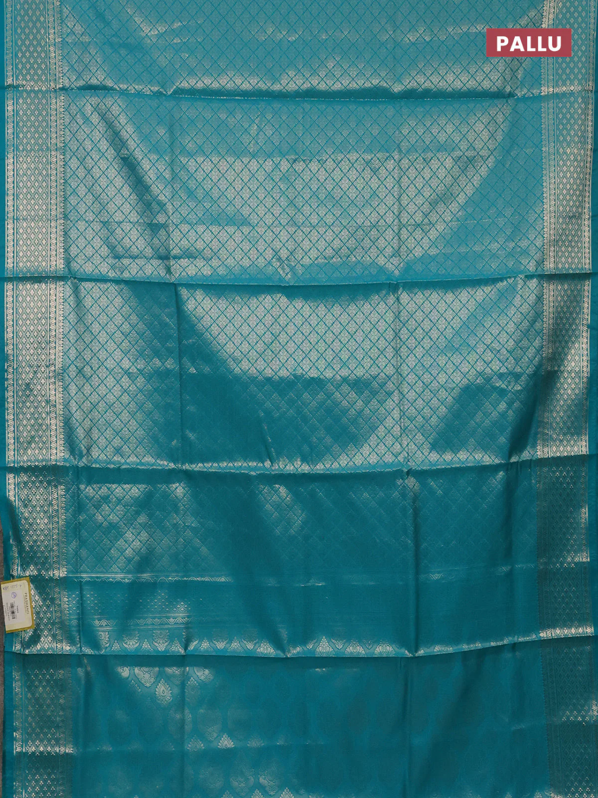 Semi soft silk saree teal blue with allover zari woven brocade weaves -Without blouse - Image 3