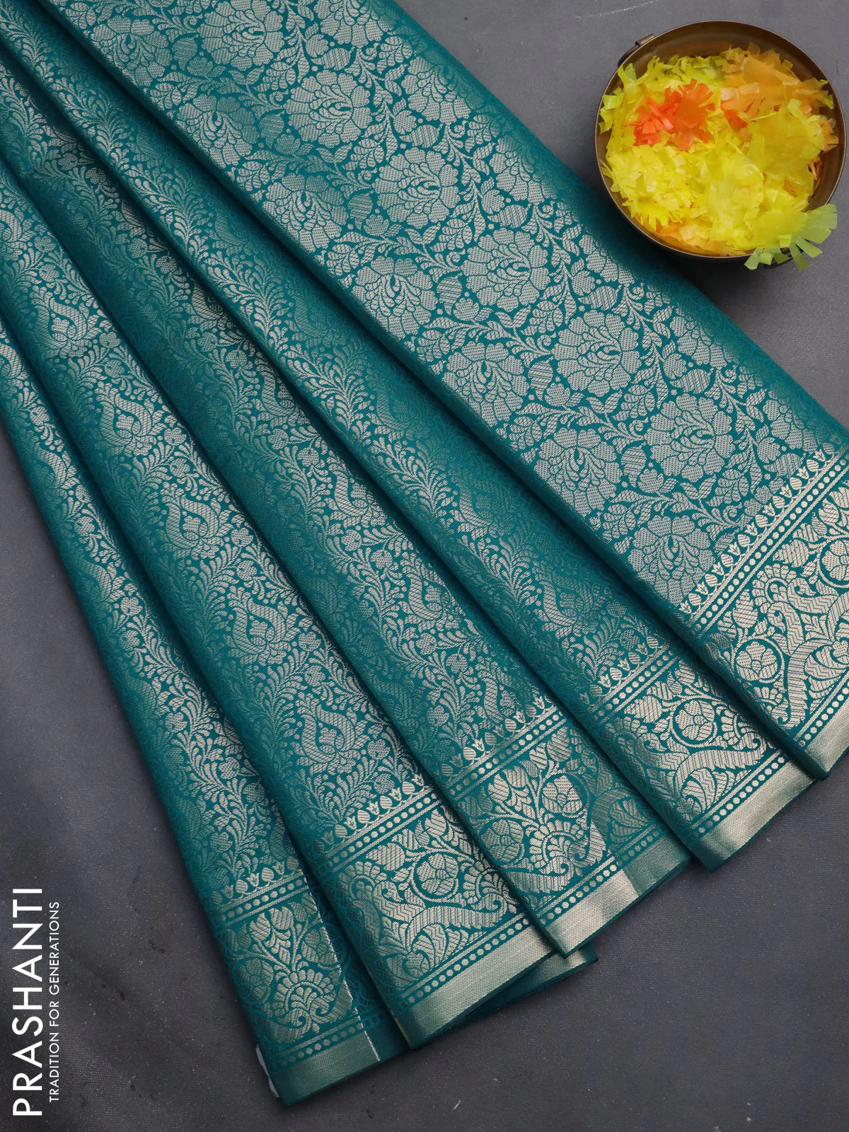 Semi soft silk saree teal blue with allover zari woven brocade weaves -Without blouse