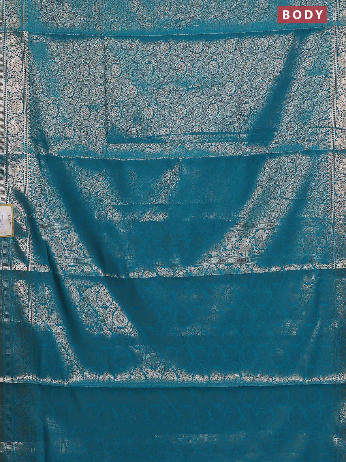 Semi soft silk saree teal blue with allover zari woven brocade weaves -Without blouse - Image 2