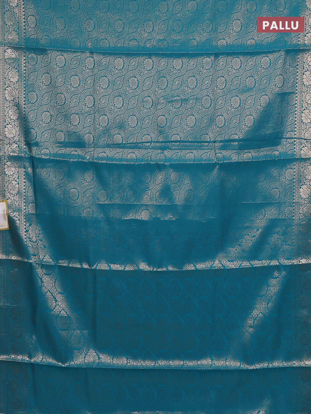 Semi soft silk saree teal blue with allover zari woven brocade weaves -Without blouse - Image 3