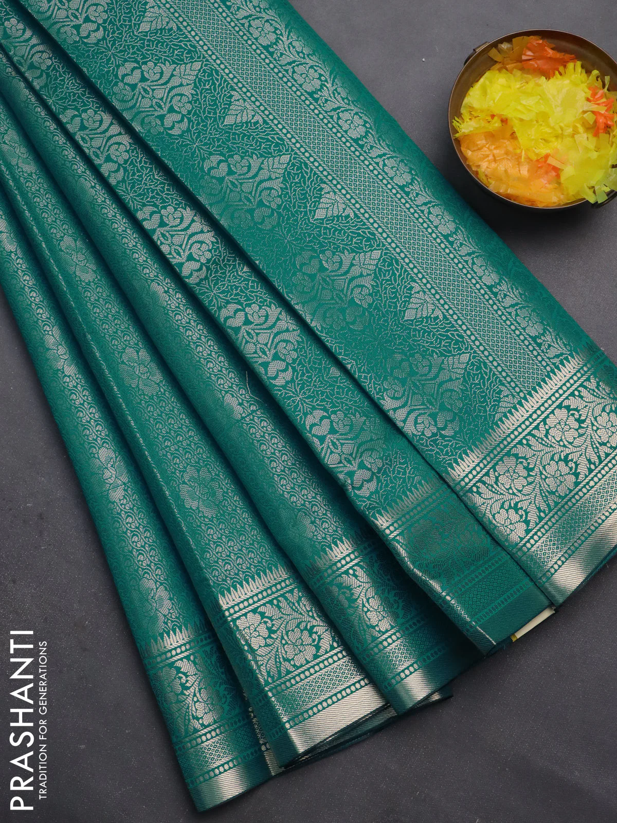 Semi soft silk saree teal blue with allover zari woven brocade weaves -Without blouse