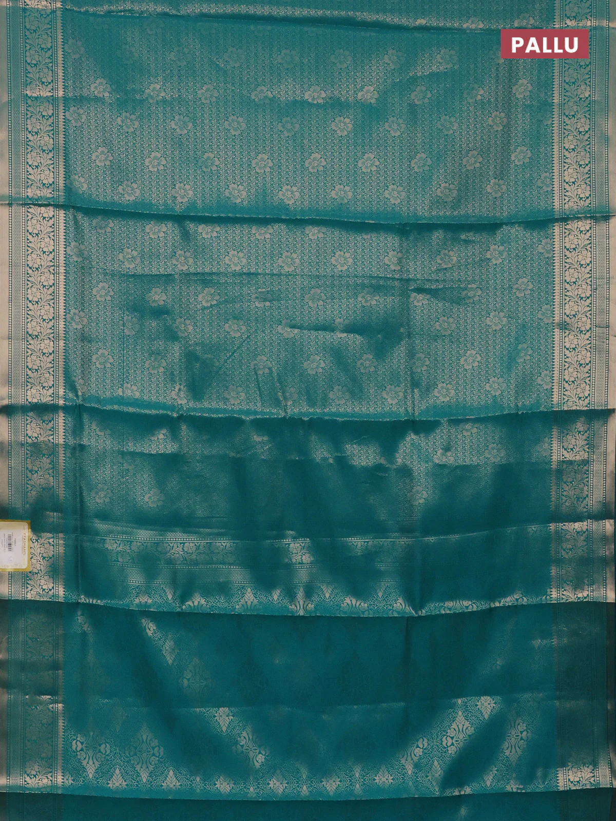 Semi soft silk saree teal blue with allover zari woven brocade weaves -Without blouse - Image 3