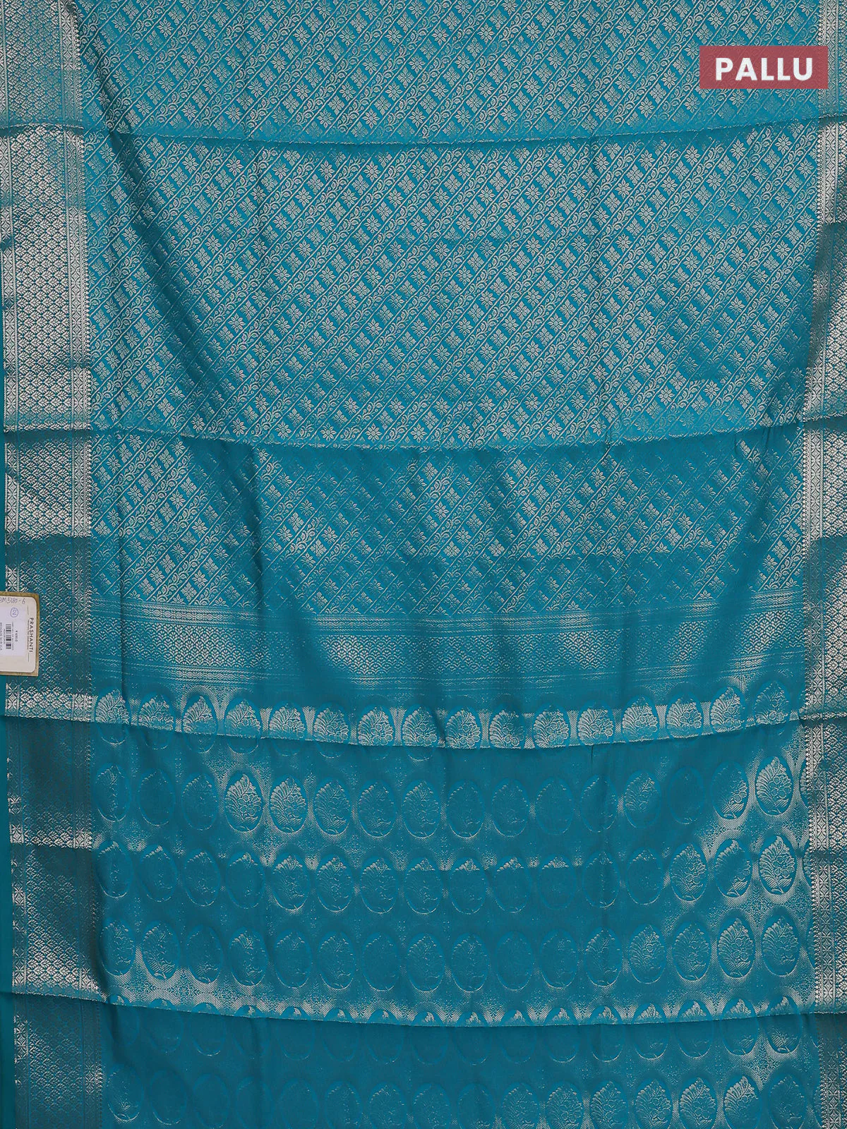 Semi soft silk saree teal blue with allover zari woven brocade weaves -Without blouse - Image 3