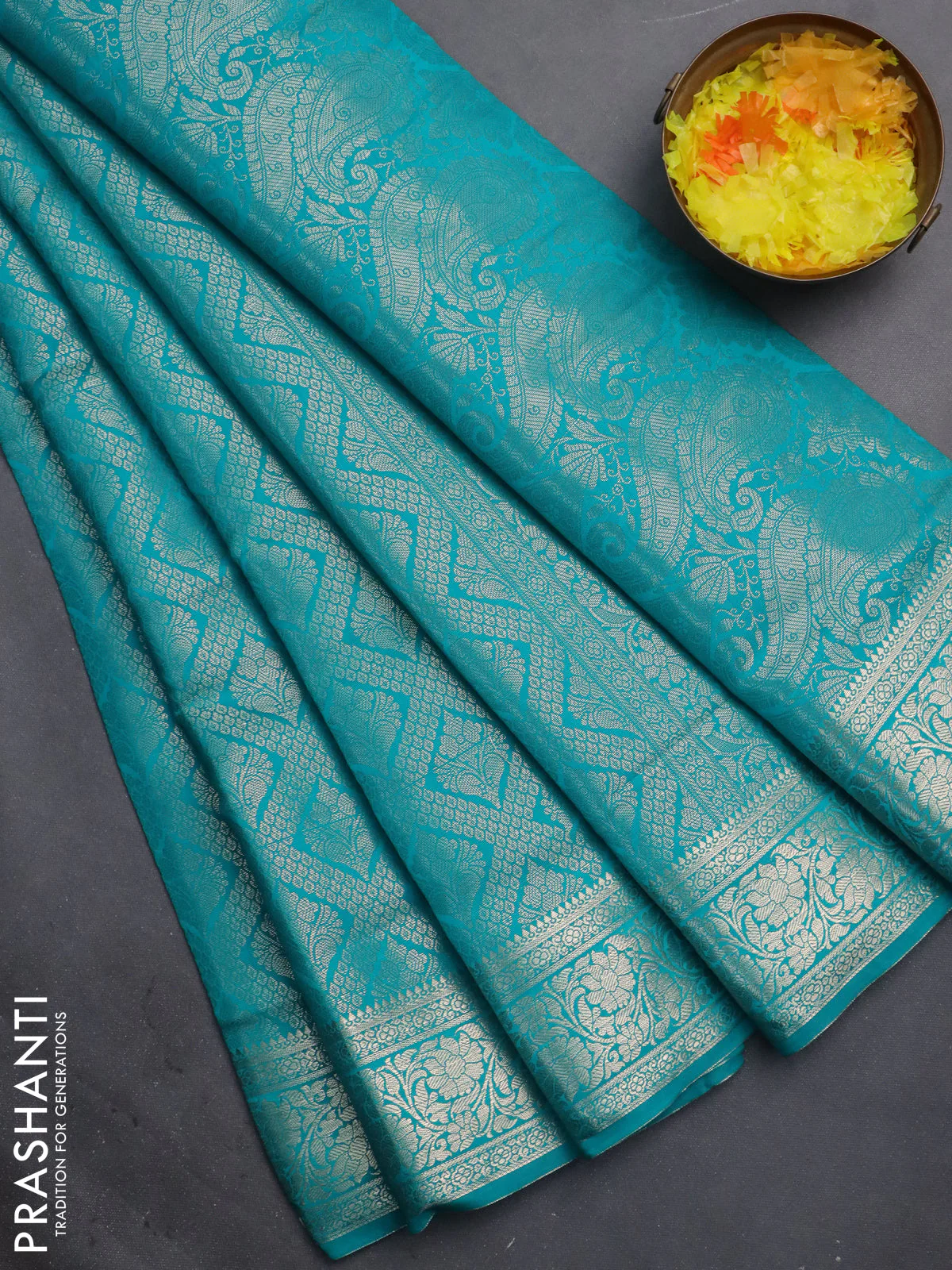 Semi soft silk saree teal blue with allover zari woven brocade weaves -Without blouse