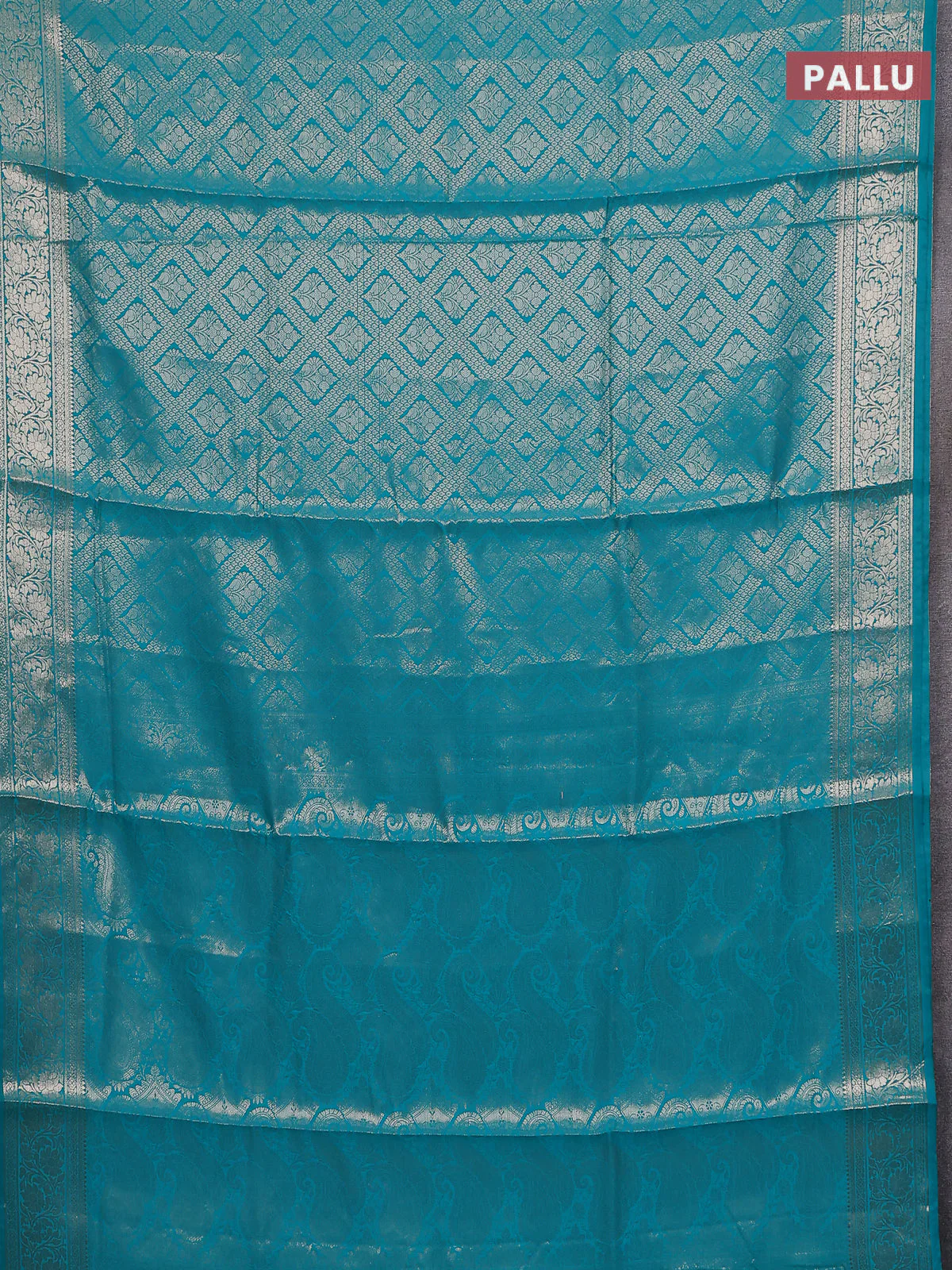 Semi soft silk saree teal blue with allover zari woven brocade weaves -Without blouse - Image 3