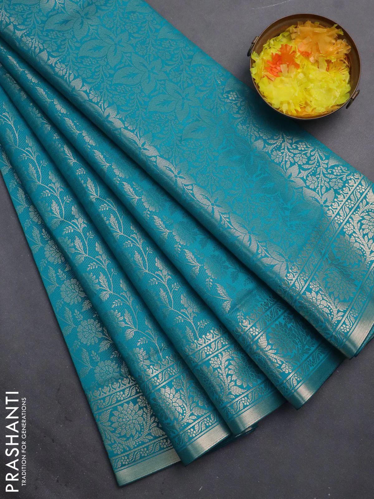 Semi soft silk saree teal blue with allover zari woven brocade weaves -Without blouse