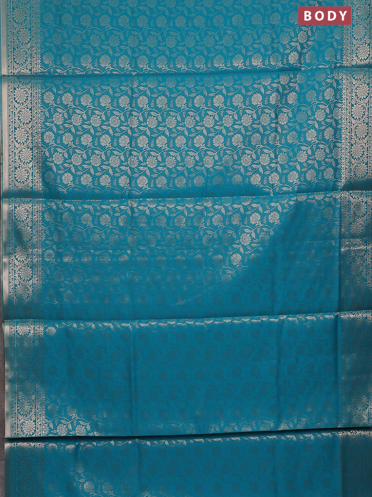 Semi soft silk saree teal blue with allover zari woven brocade weaves -Without blouse - Image 2