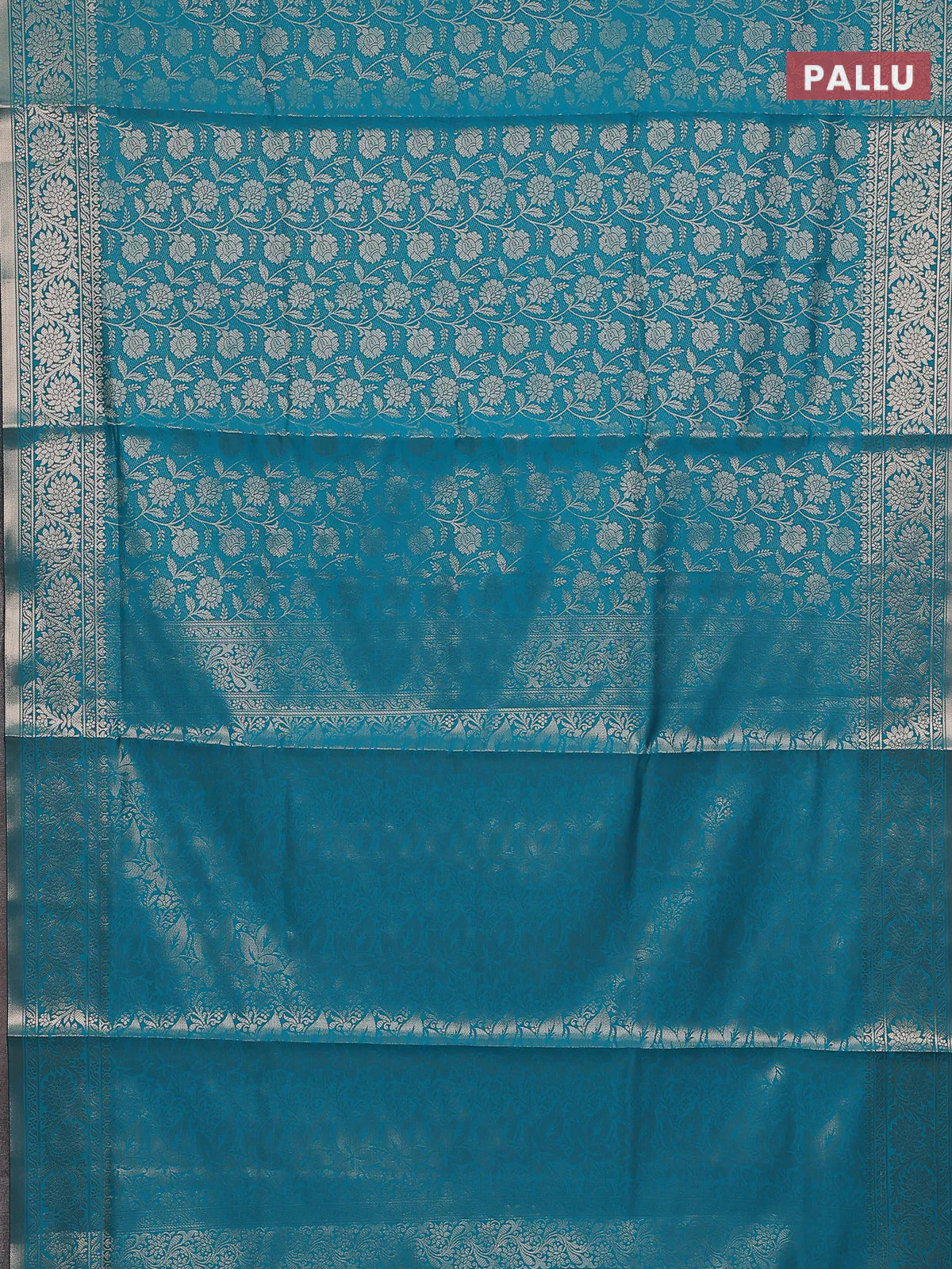 Semi soft silk saree teal blue with allover zari woven brocade weaves -Without blouse - Image 3
