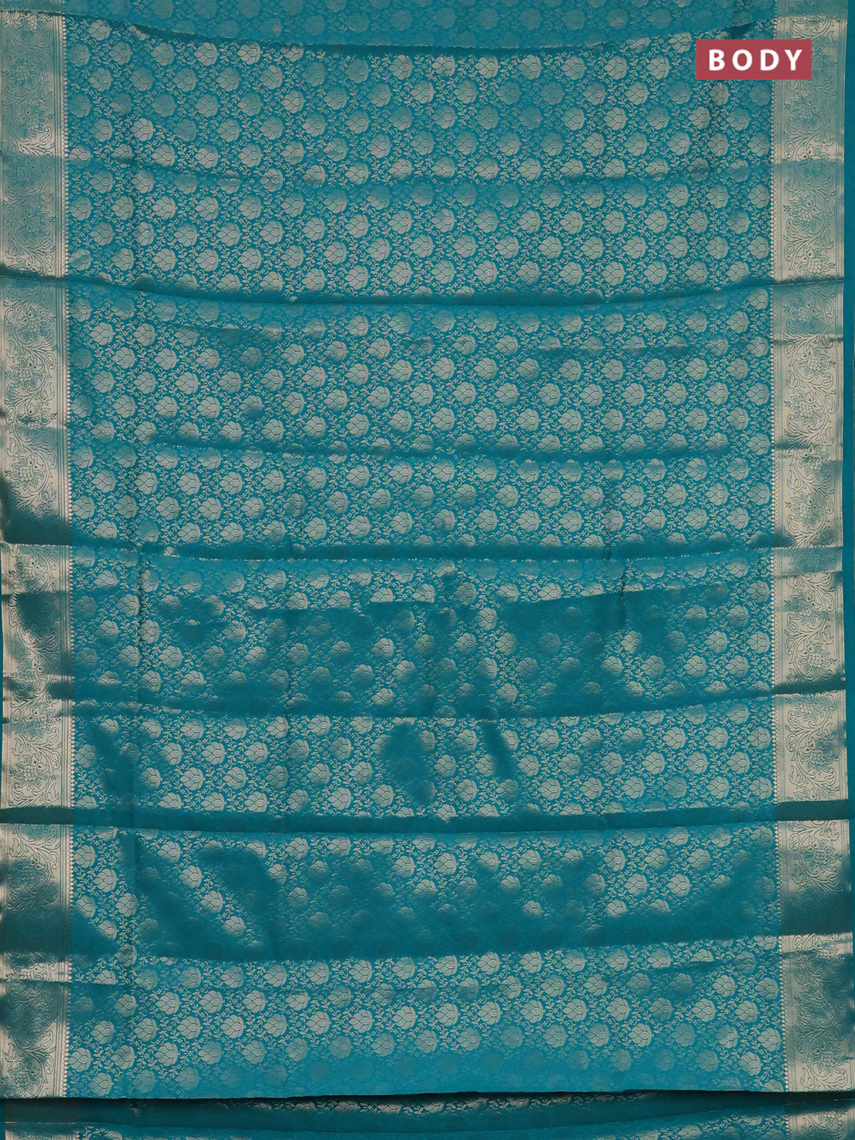 Semi soft silk saree teal blue with allover zari woven brocade weaves -Without blouse - Image 2