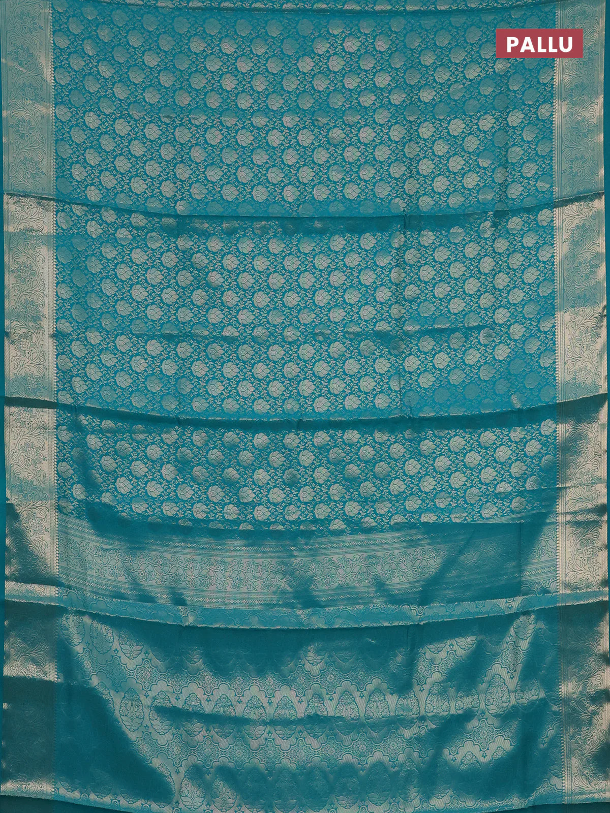 Semi soft silk saree teal blue with allover zari woven brocade weaves -Without blouse - Image 3