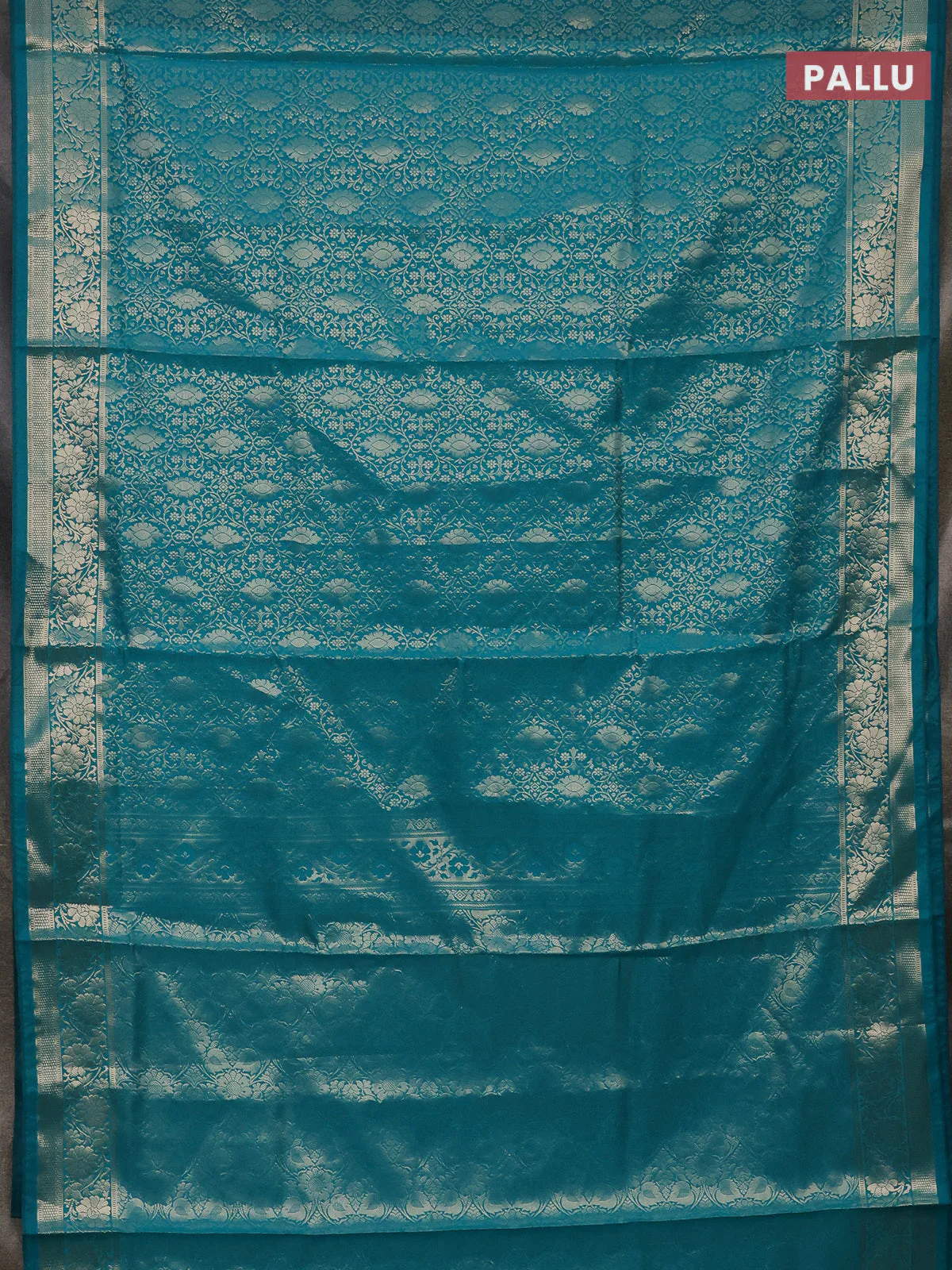 Semi soft silk saree teal blue with allover zari woven brocade weaves -Without blouse - Image 3