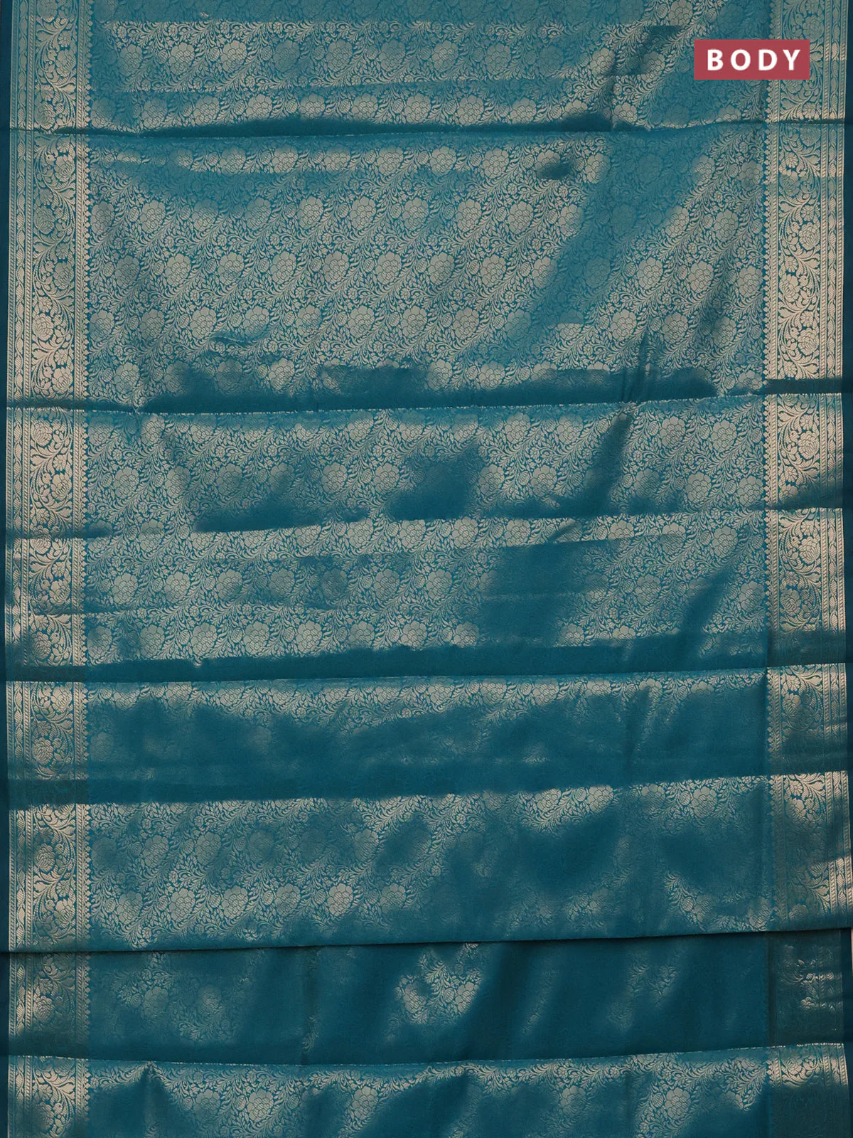 Semi soft silk saree teal blue with allover zari woven brocade weaves -Without blouse - Image 2