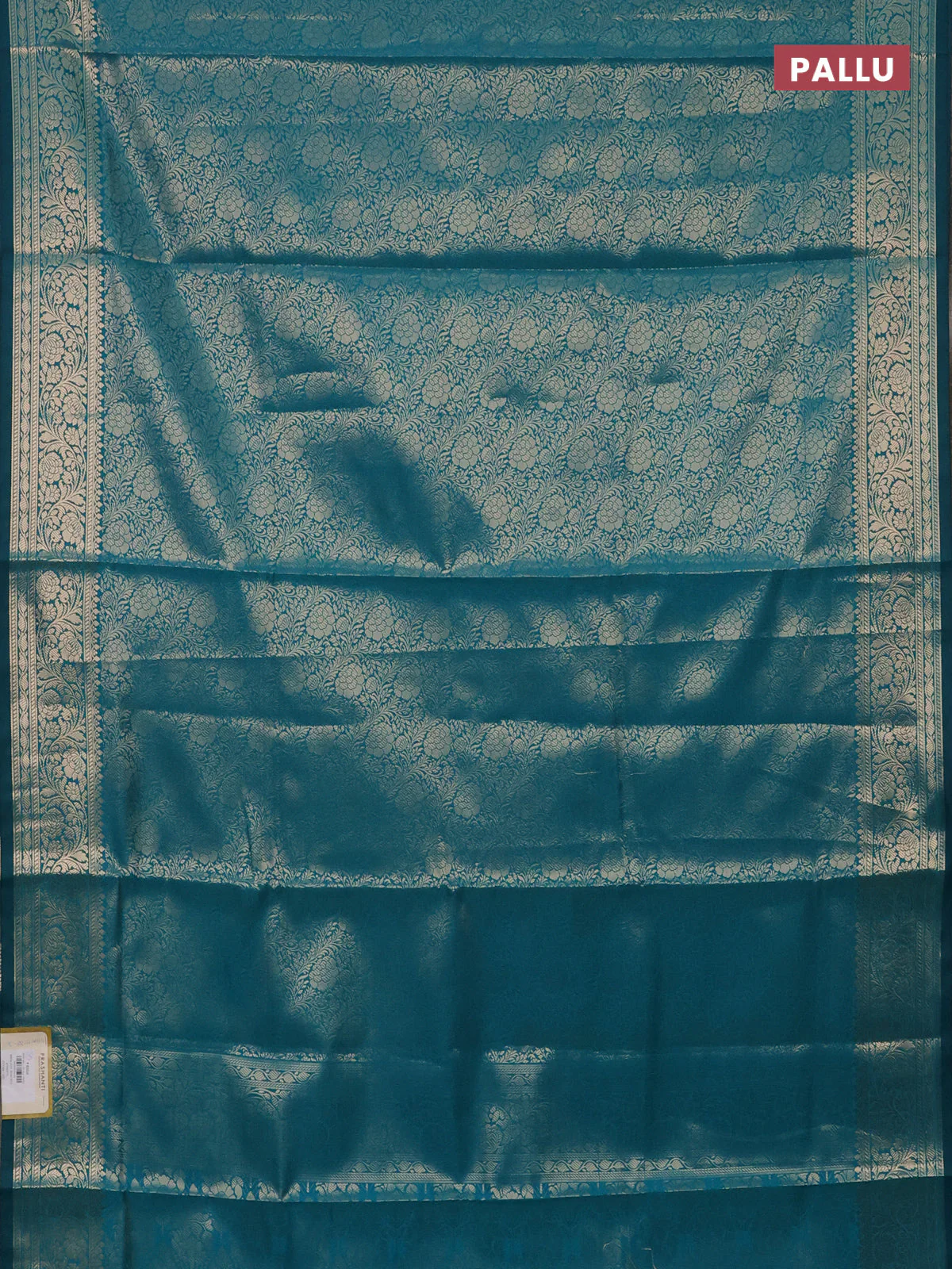 Semi soft silk saree teal blue with allover zari woven brocade weaves -Without blouse - Image 3