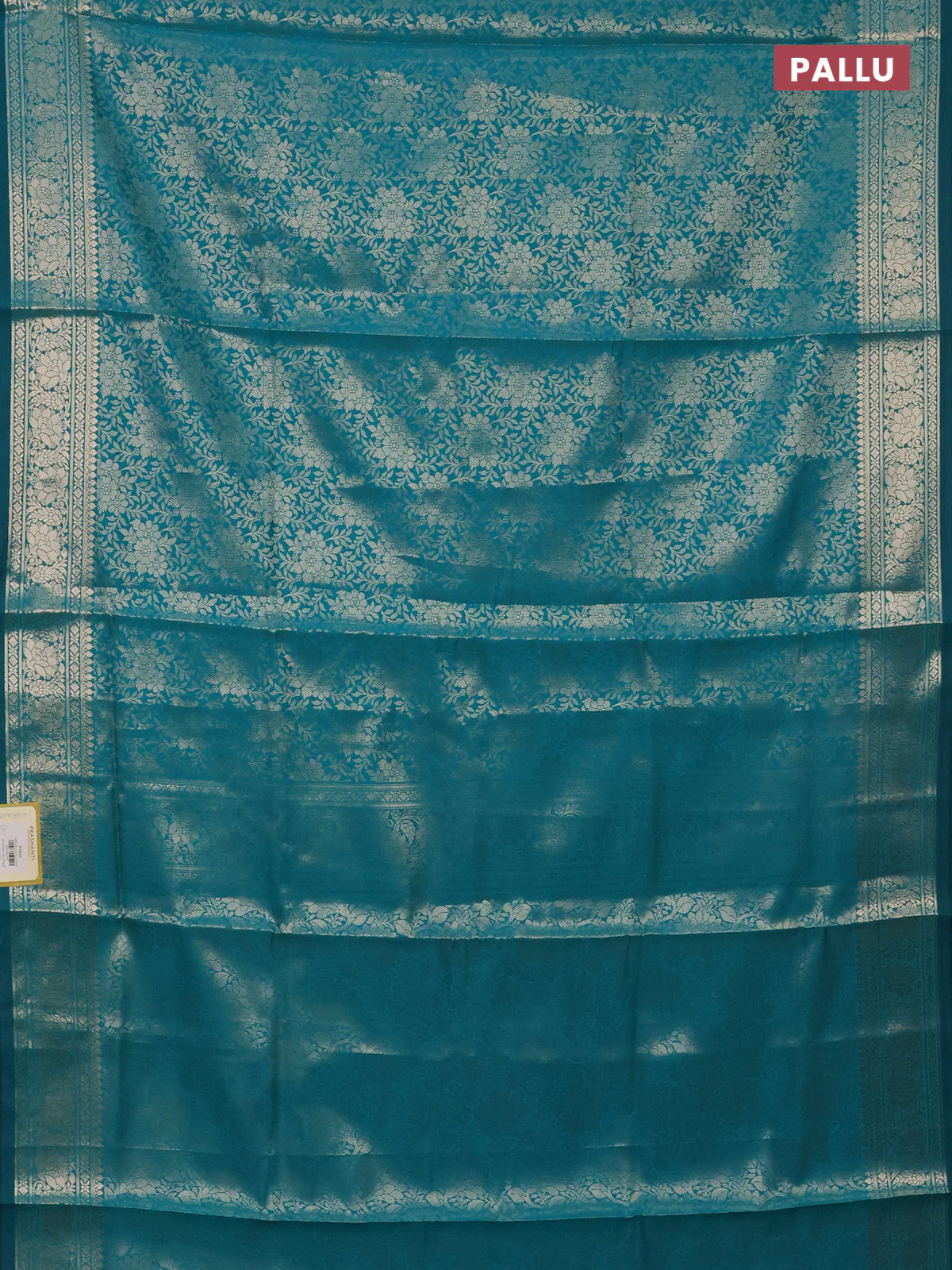 Semi soft silk saree teal blue with allover zari woven brocade weaves -Without blouse - Image 3