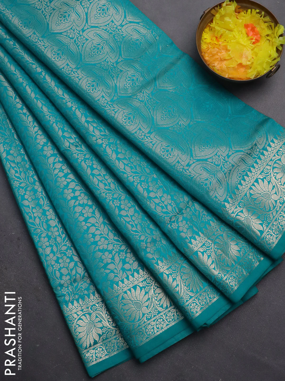 Semi soft silk saree teal blue with allover zari woven brocade weaves -Without blouse