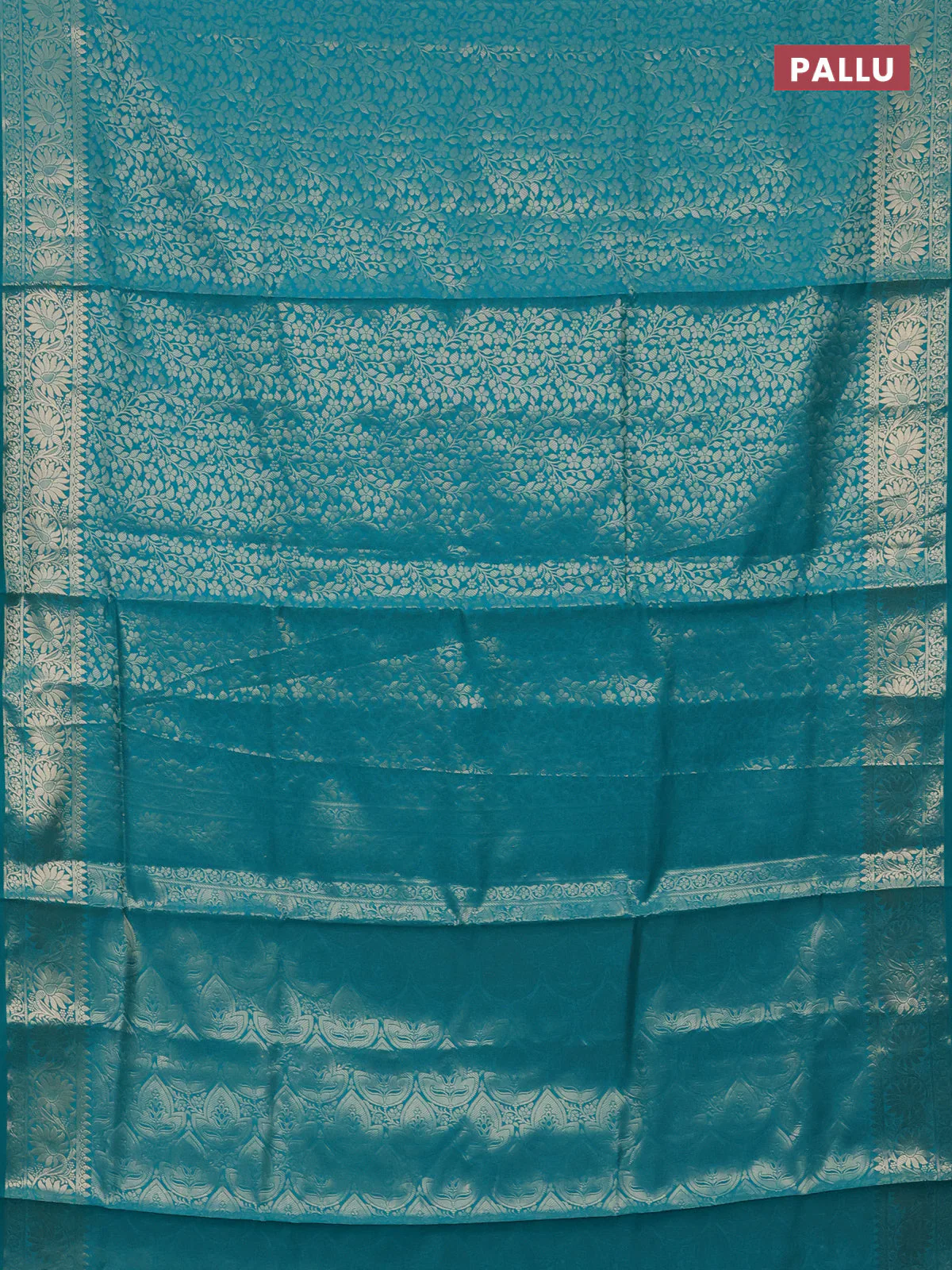 Semi soft silk saree teal blue with allover zari woven brocade weaves -Without blouse - Image 3