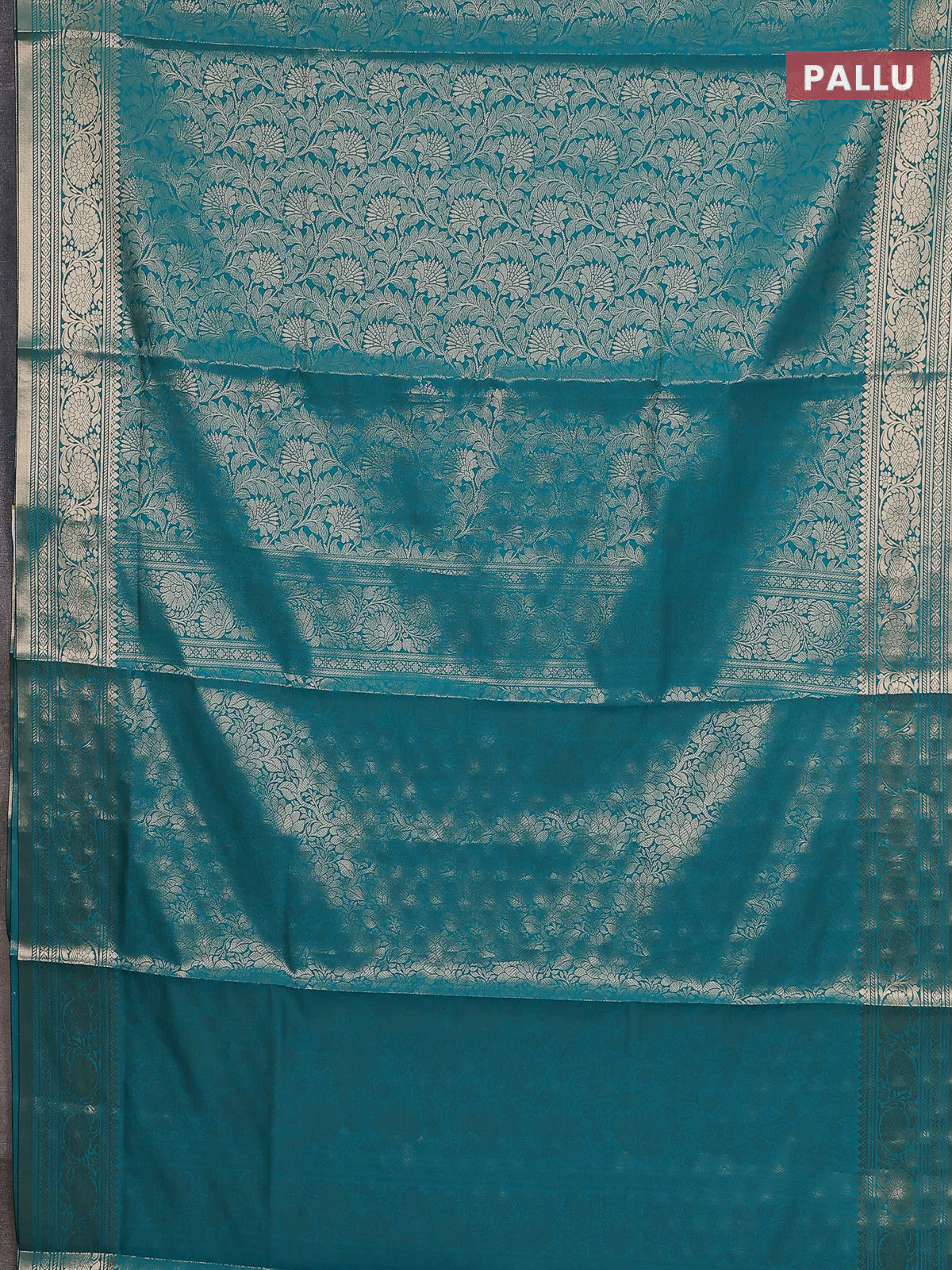 Semi soft silk saree teal blue with allover zari woven brocade weaves -Without blouse - Image 3