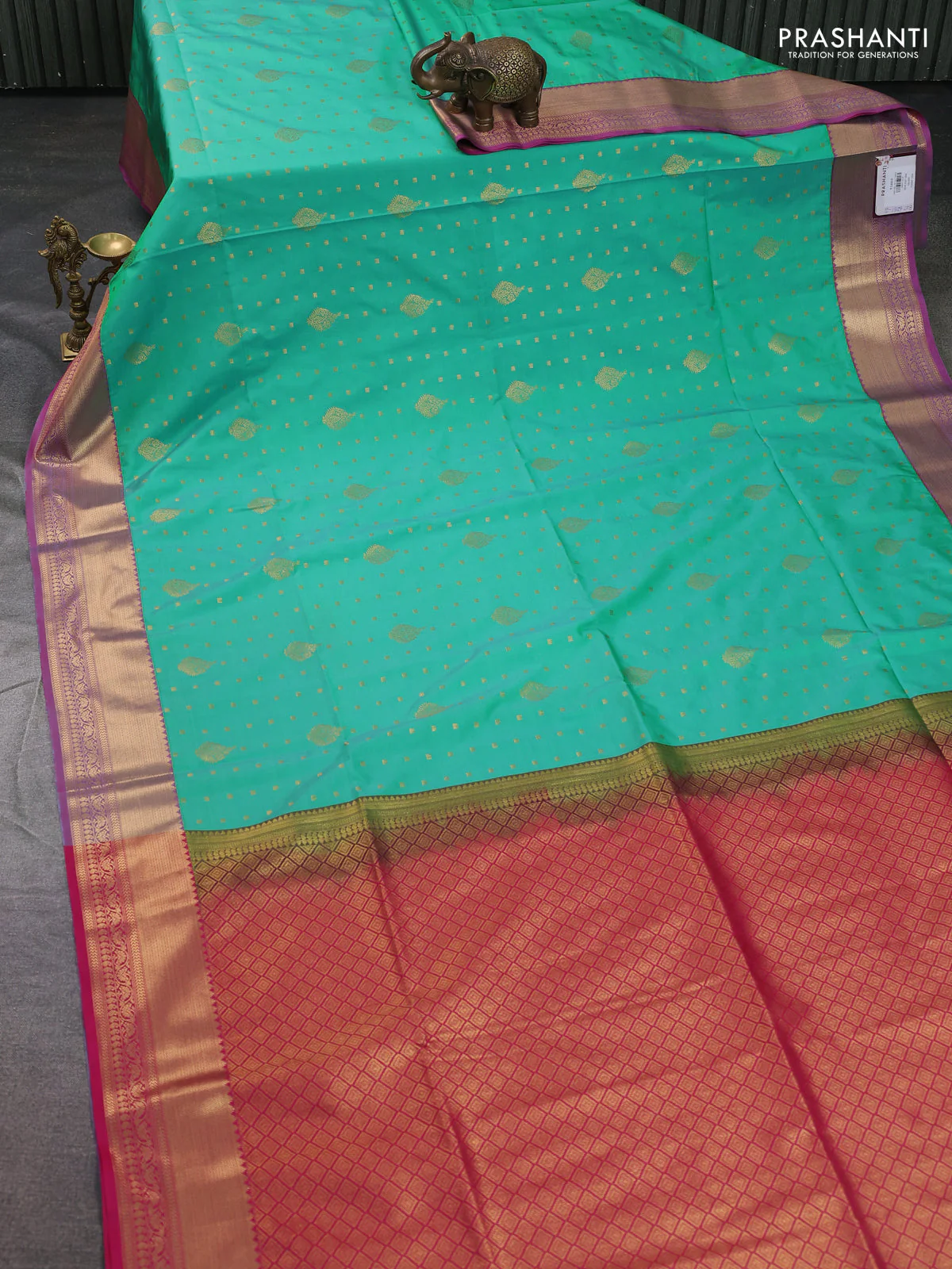 Semi soft silk saree teal green and pink with allover zari woven buttas and zari woven korvai border - Image 2