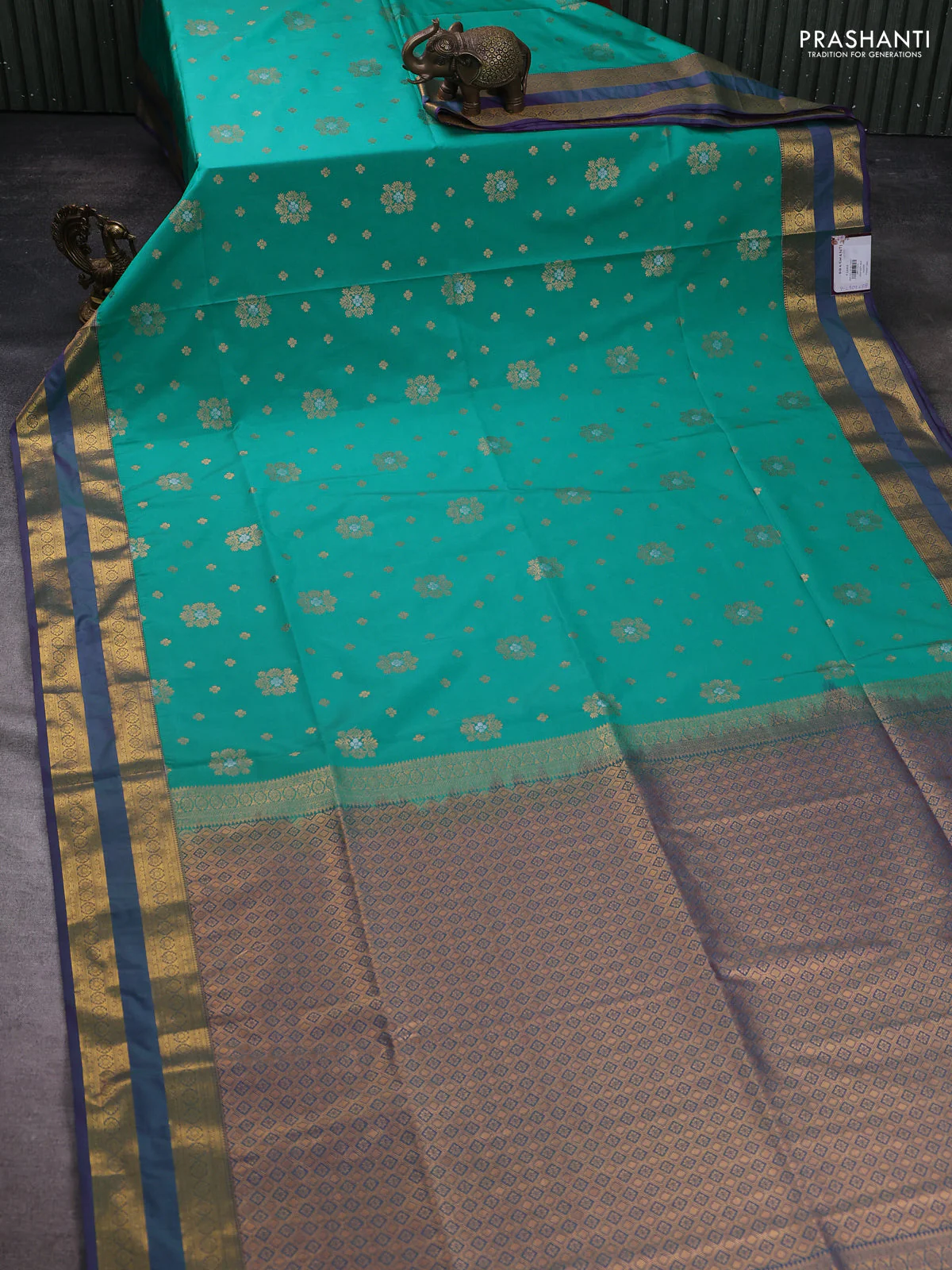 Semi soft silk saree teal green and purple with allover zari woven buttas and zari woven korvai border - Image 2