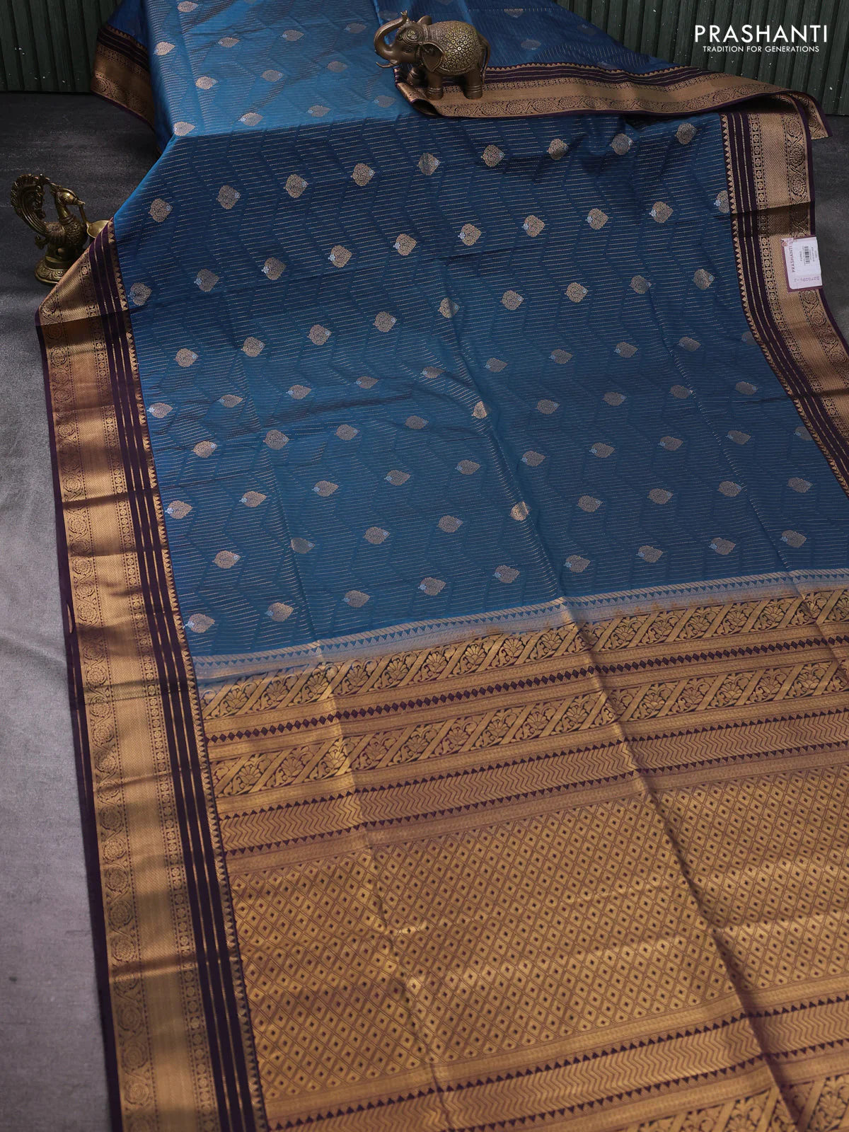 Semi soft silk saree teal green and violet with allover zari weaves & buttas and zari woven border - Image 2