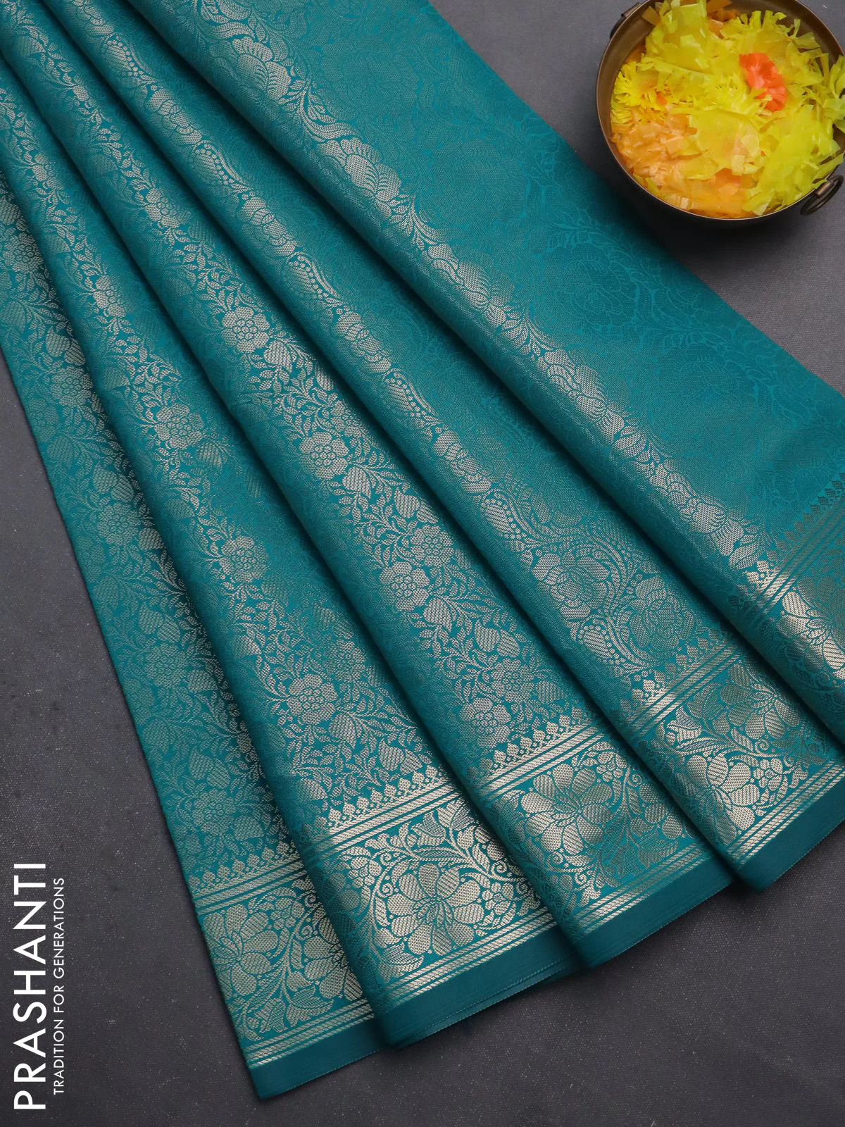 Semi soft silk saree teal green with allover zari woven brocade weaves -Without blouse