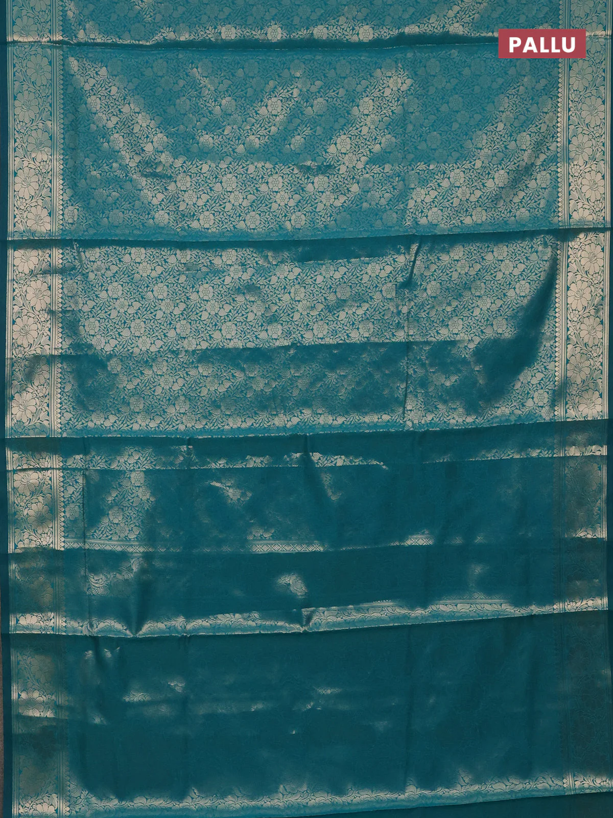 Semi soft silk saree teal green with allover zari woven brocade weaves -Without blouse - Image 3