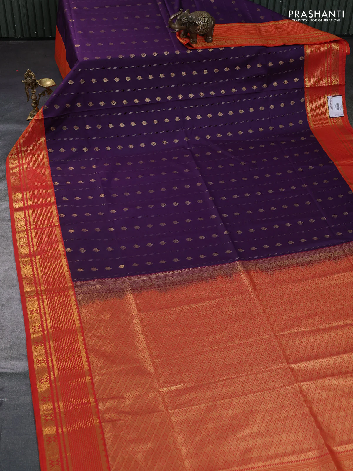 Semi soft silk saree violet and orange with allover zari woven buttas and zari woven border - Image 2