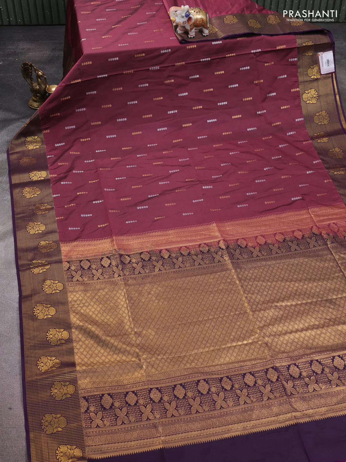 Semi soft silk saree wine shade and purple with allover zari woven buttas and zari woven border - Image 2
