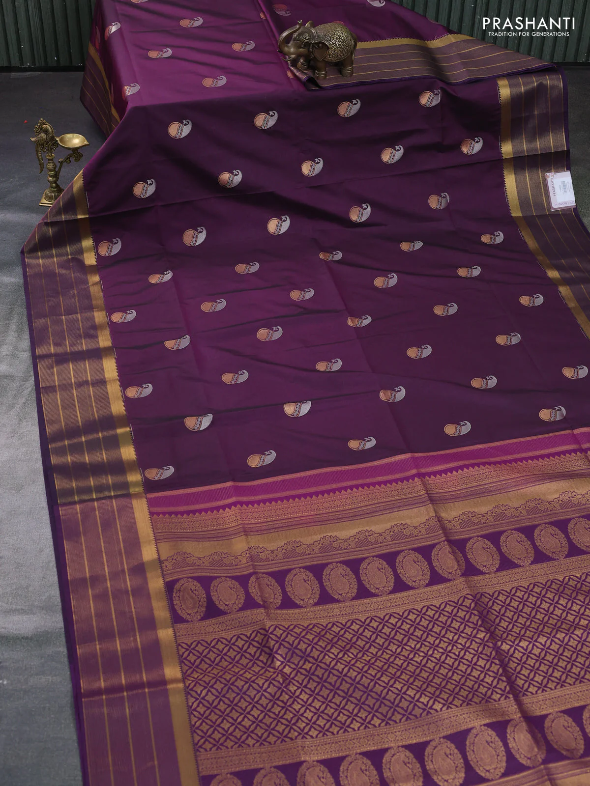 Semi soft silk saree wine shade and violet with allover paisley zari woven buttas and zari woven border - Image 2