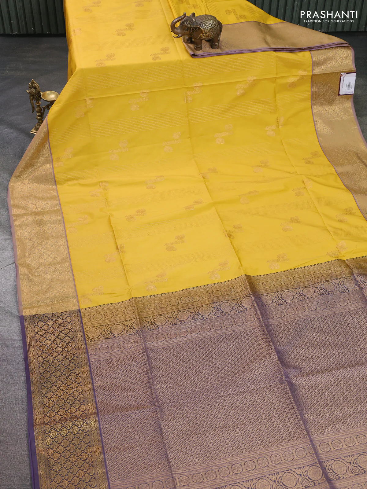 Semi soft silk saree yellow and pastel purple with allover zari weaves & buttas and zari woven korvai border - Image 2