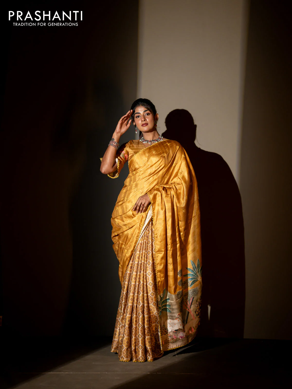 Semi tussar partly saree mustard shade with thread woven buttas & ajrakh prints and lace work border & pichwai printed pallu - Image 2