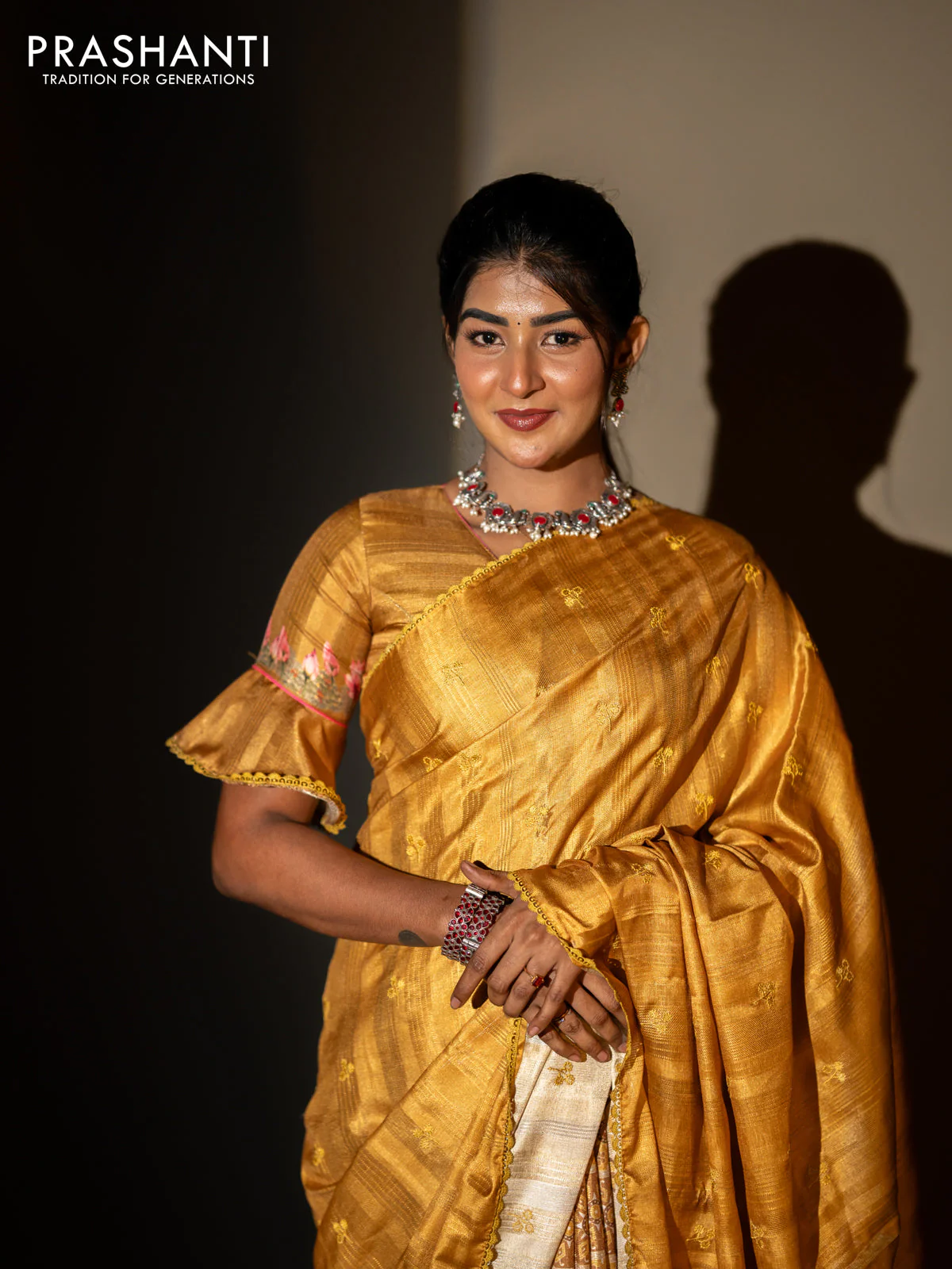 Semi tussar partly saree mustard shade with thread woven buttas & ajrakh prints and lace work border & pichwai printed pallu - Image 3