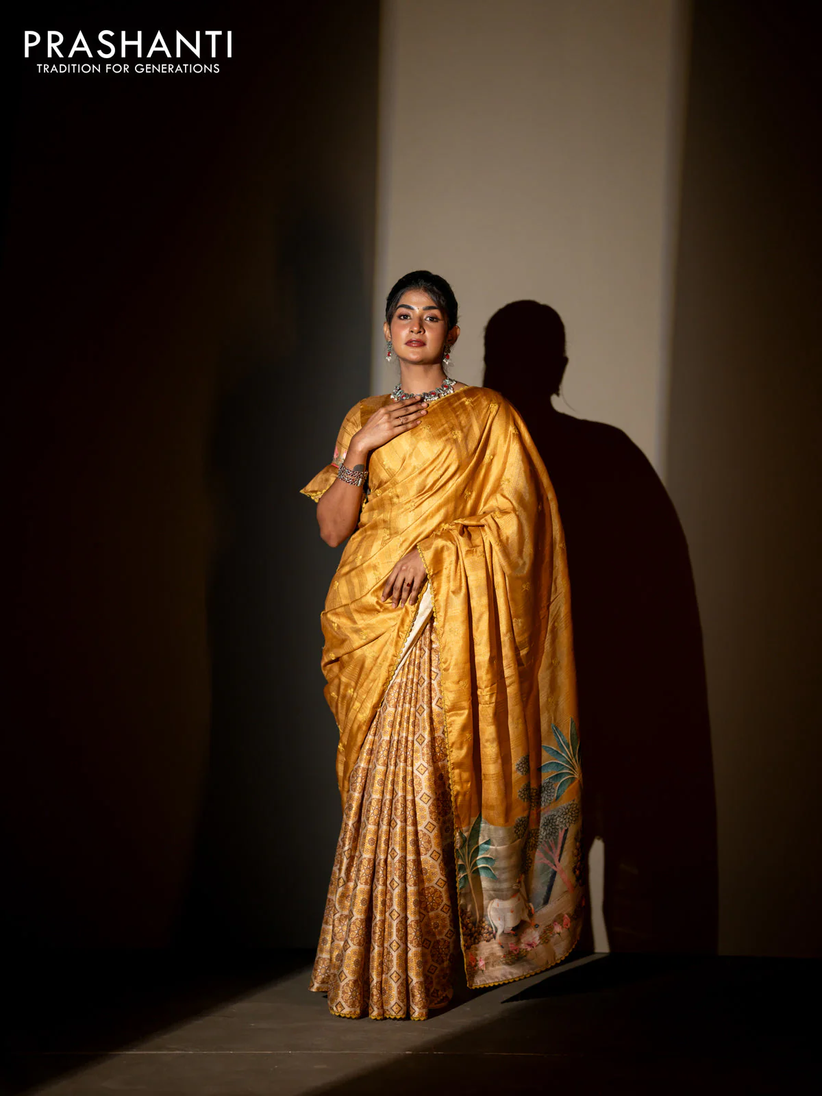 Semi tussar partly saree mustard shade with thread woven buttas & ajrakh prints and lace work border & pichwai printed pallu - Image 4