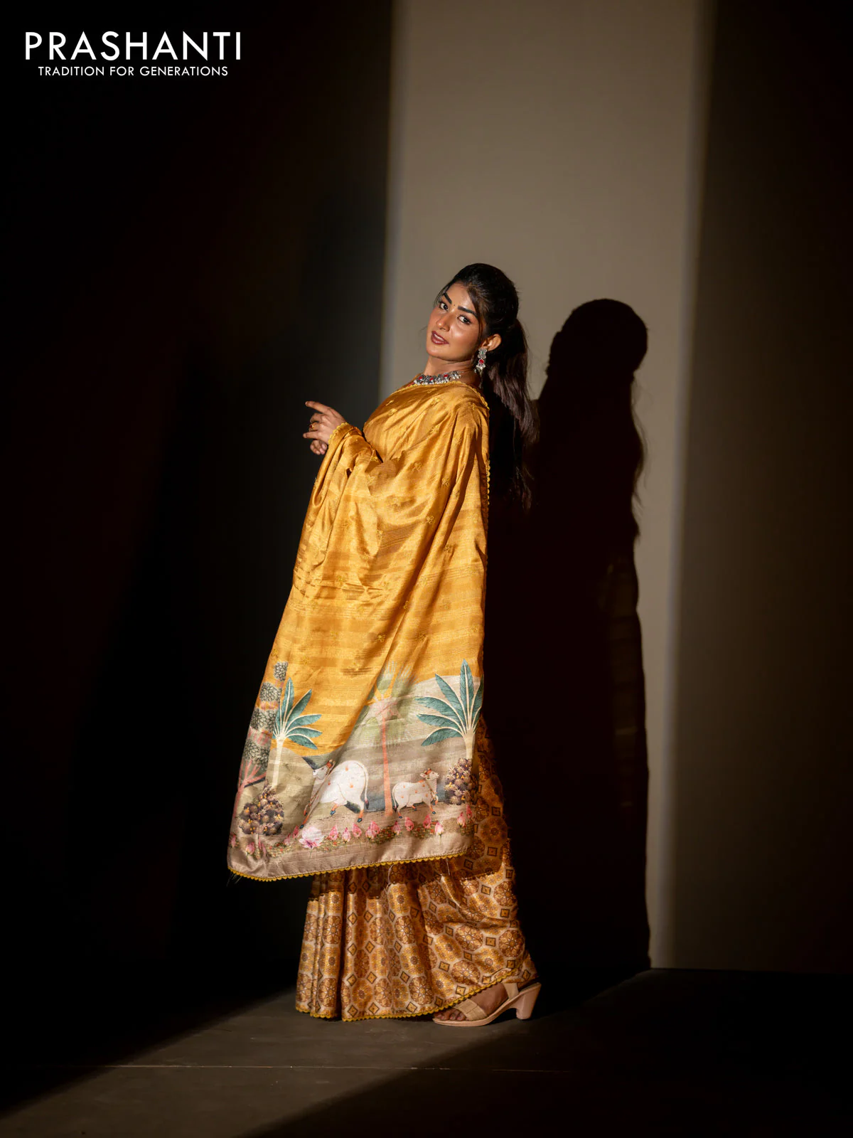 Semi tussar partly saree mustard shade with thread woven buttas & ajrakh prints and lace work border & pichwai printed pallu - Image 5