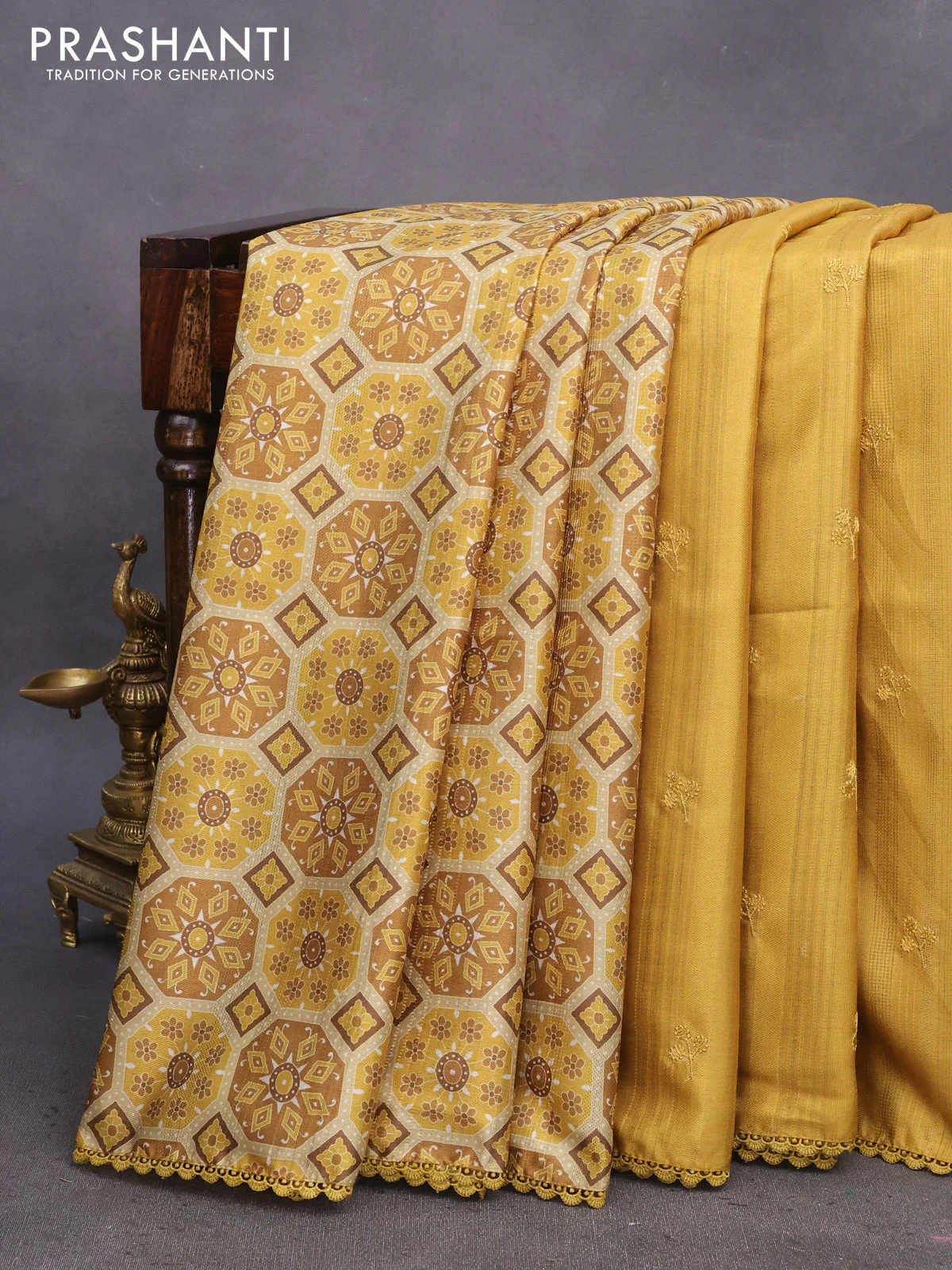 Semi tussar partly saree mustard shade with thread woven buttas & ajrakh prints and lace work border & pichwai printed pallu - Image 6
