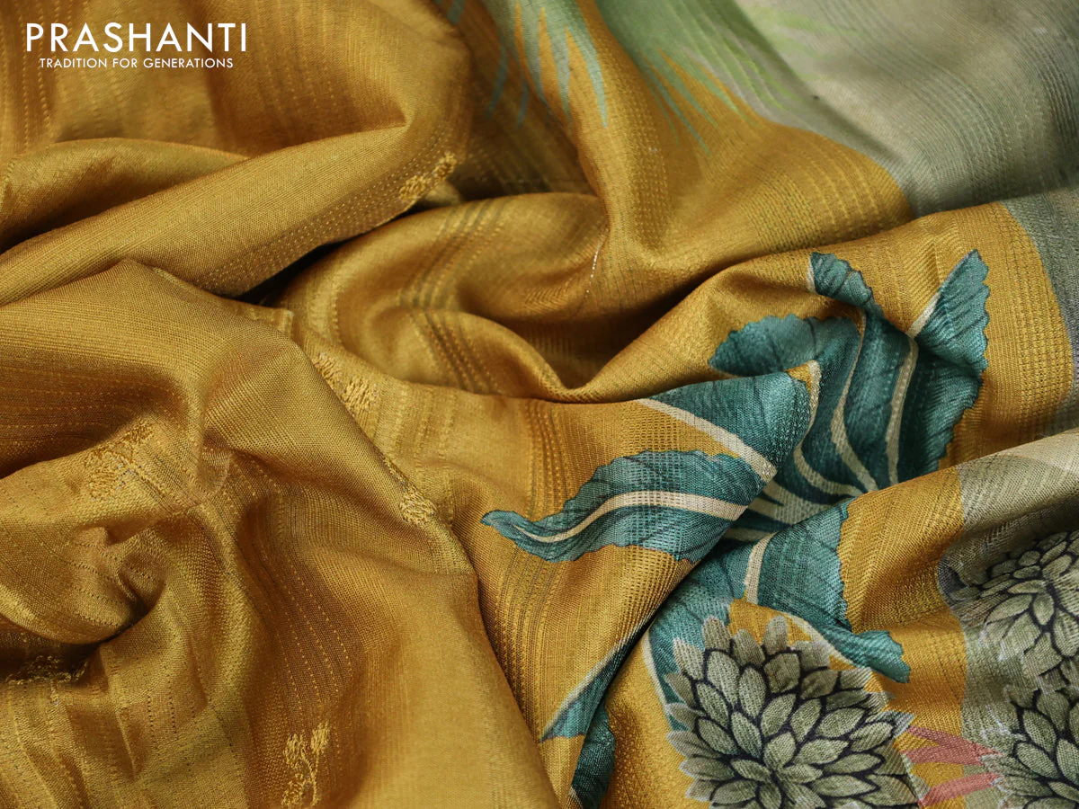 Semi tussar partly saree mustard shade with thread woven buttas & ajrakh prints and lace work border & pichwai printed pallu - Image 8