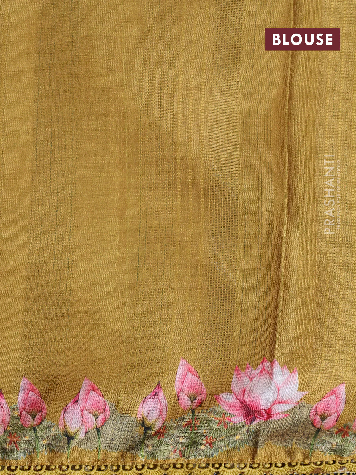 Semi tussar partly saree mustard shade with thread woven buttas & ajrakh prints and lace work border & pichwai printed pallu - Image 9