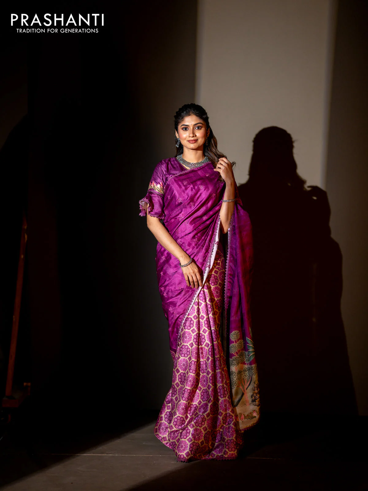 Semi tussar partly saree purple with thread woven buttas & ajrakh prints and lace work border & pichwai printed pallu - Image 2