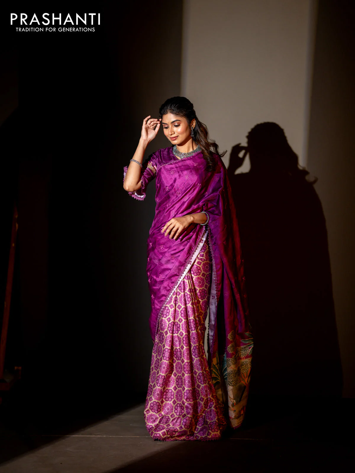 Semi tussar partly saree purple with thread woven buttas & ajrakh prints and lace work border & pichwai printed pallu - Image 4