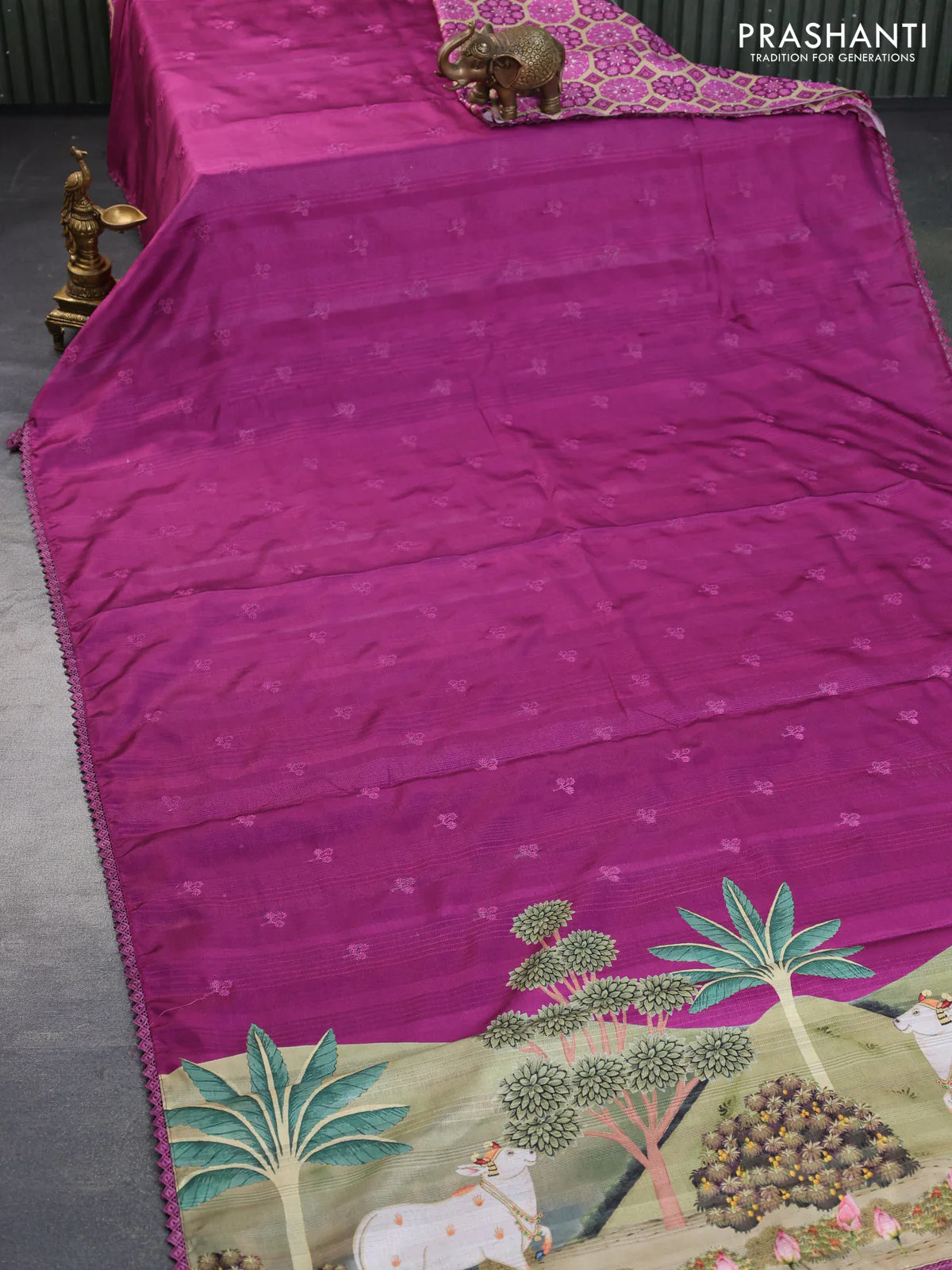 Semi tussar partly saree purple with thread woven buttas & ajrakh prints and lace work border & pichwai printed pallu - Image 7