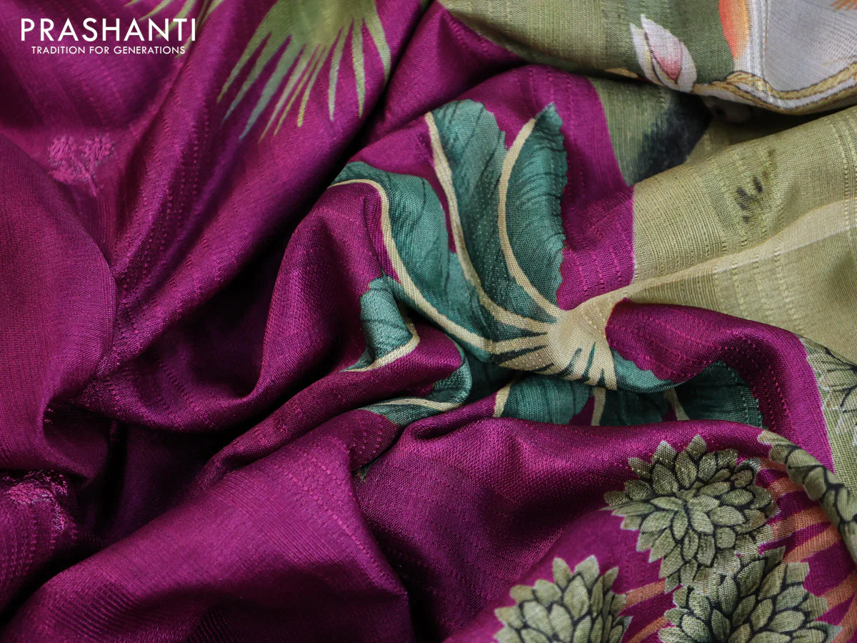 Semi tussar partly saree purple with thread woven buttas & ajrakh prints and lace work border & pichwai printed pallu - Image 8