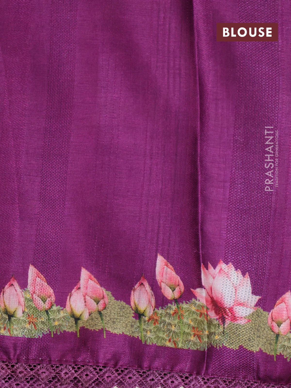 Semi tussar partly saree purple with thread woven buttas & ajrakh prints and lace work border & pichwai printed pallu - Image 9