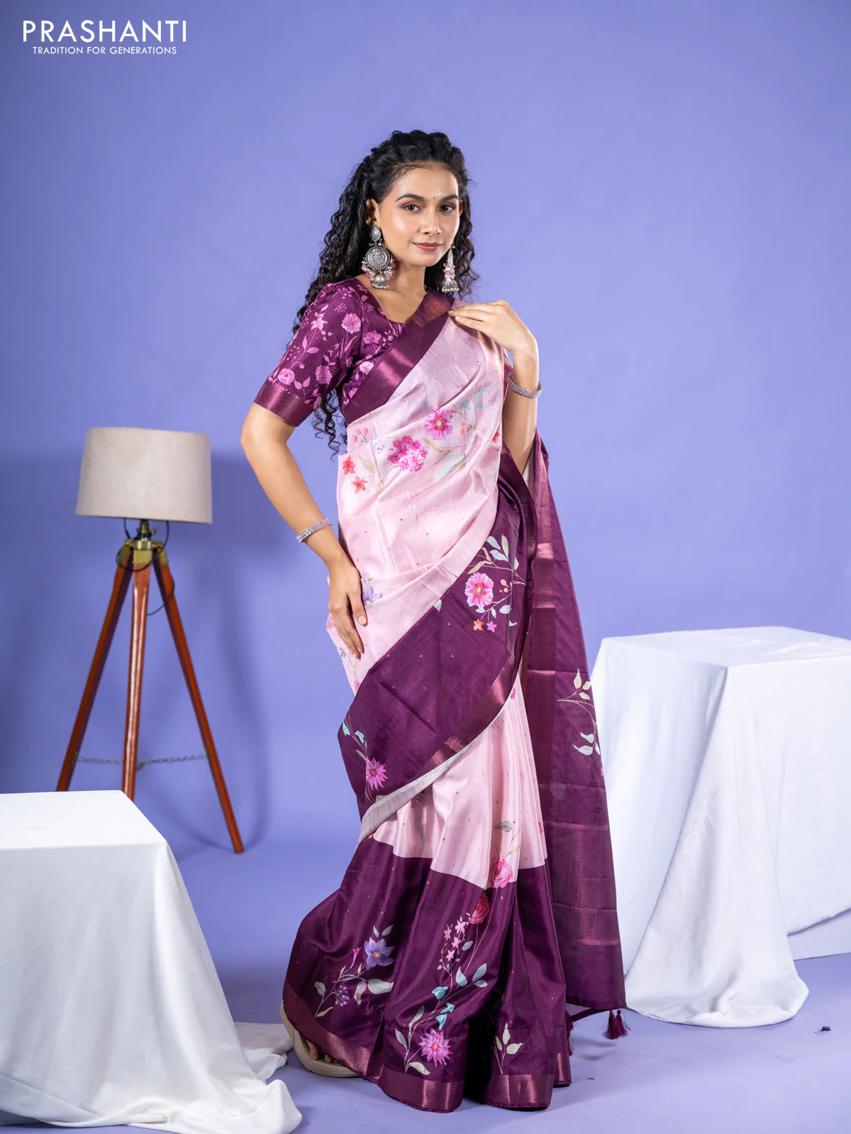 Semi tussar saree baby pink and wine shade with allover zari buttas & flotal digital prints and zari woven border