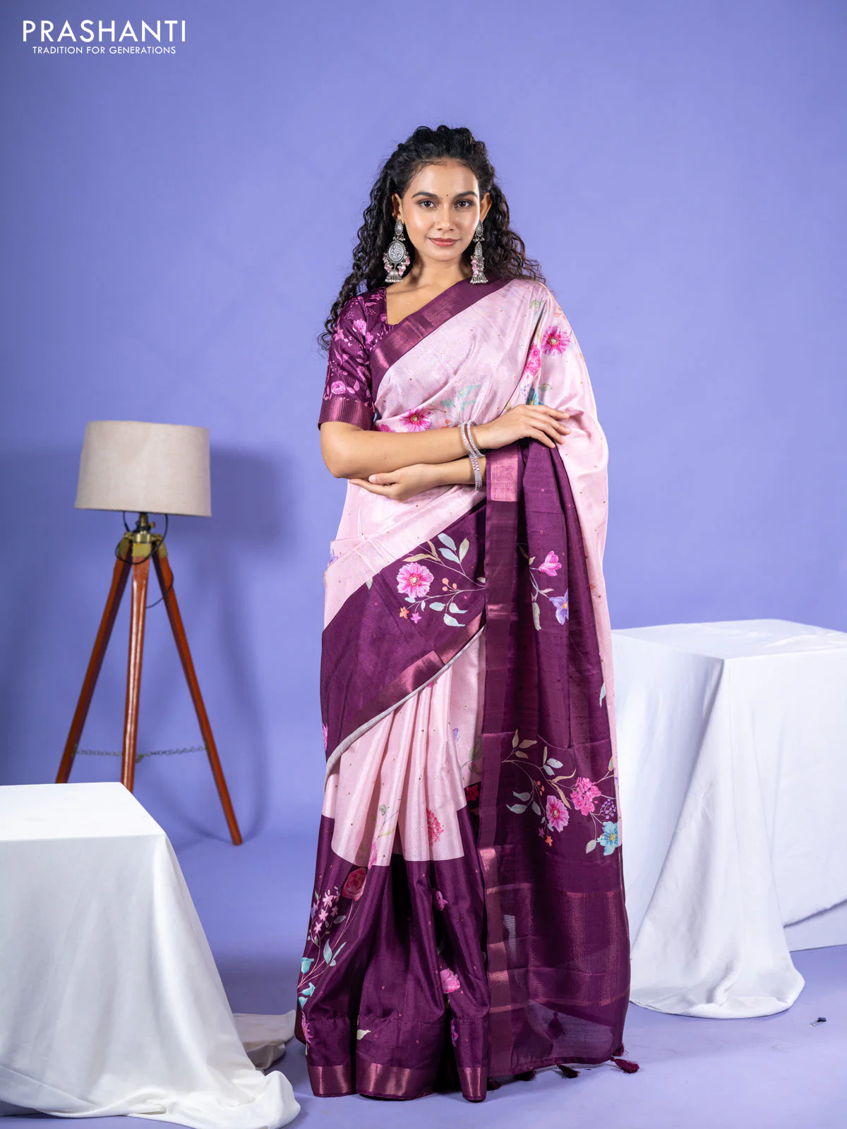 Semi tussar saree baby pink and wine shade with allover zari buttas & flotal digital prints and zari woven border - Image 2