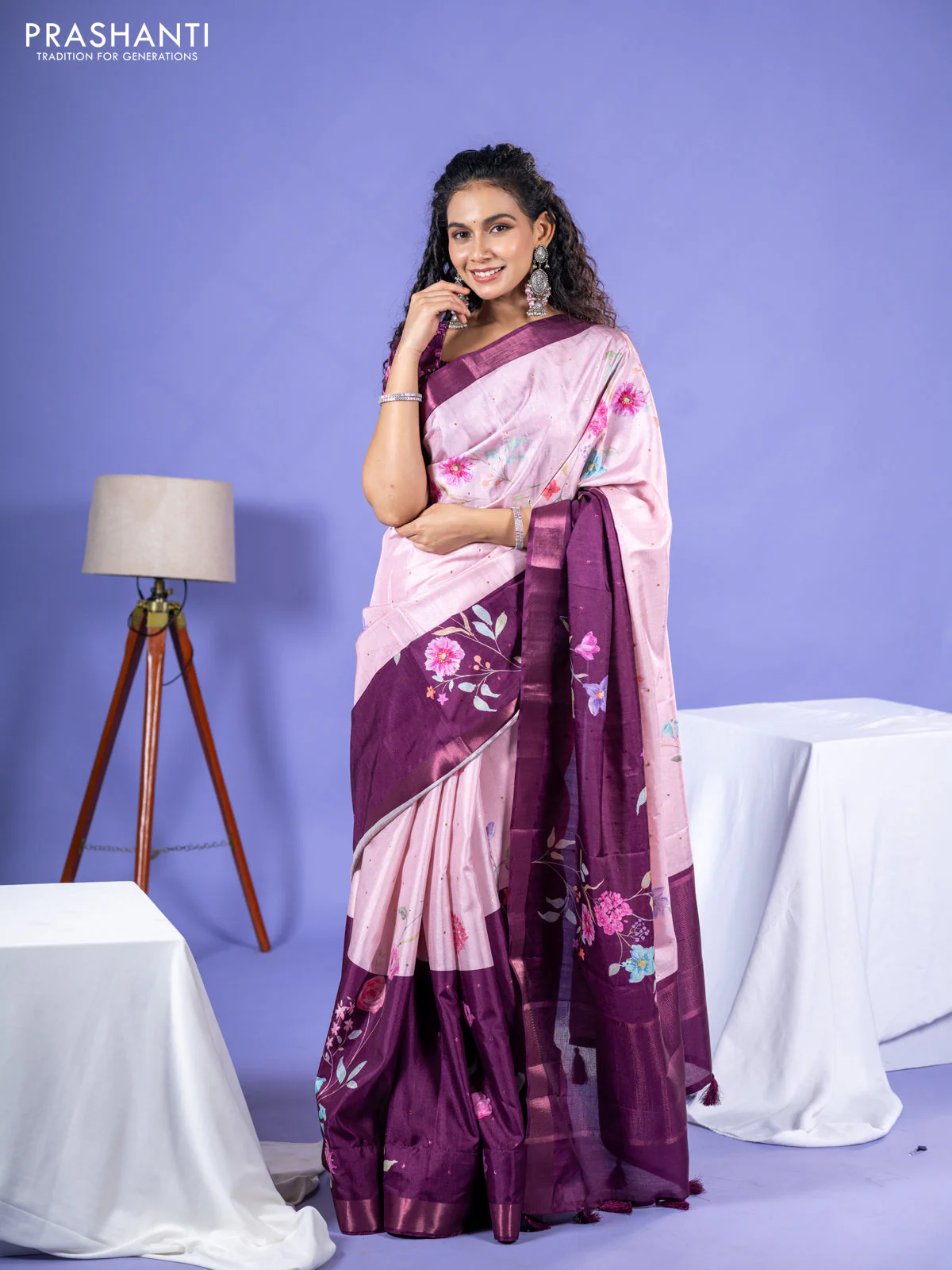 Semi tussar saree baby pink and wine shade with allover zari buttas & flotal digital prints and zari woven border - Image 3